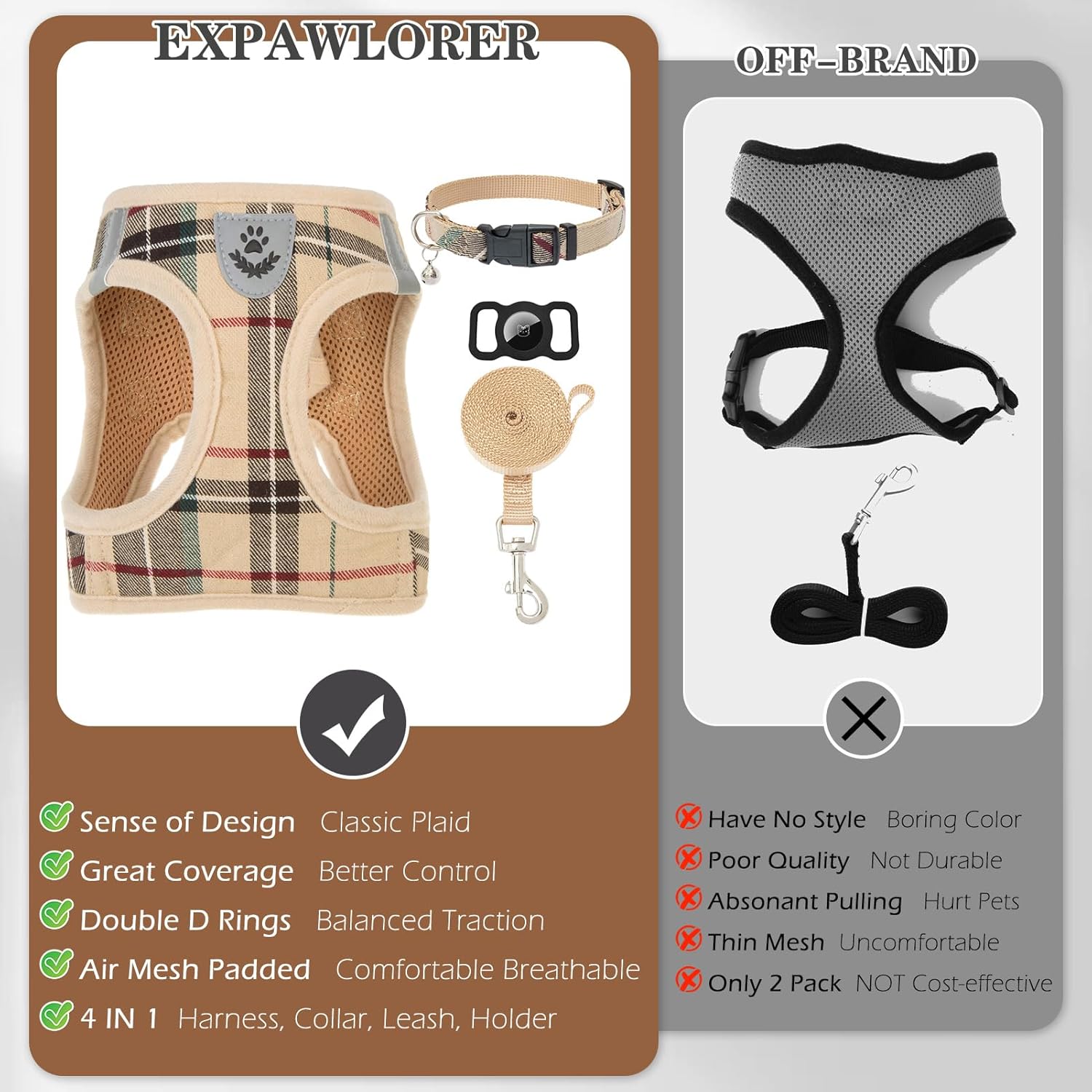 EXPAWLORER Plaid Small Dog Harness and Leash Set with AirTag Holder - No Pull Soft Padded Step in Dog Vest Harness Medium Sized Dog, Reflective Puppy Harness, Collar and Leash for Walking, Khaki S - Image 9