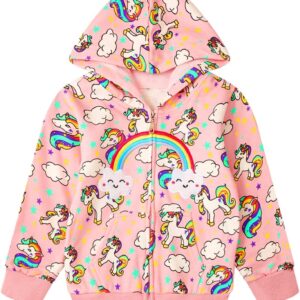 RETSUGO Girls Zip Up Hoodie Jacket Toddler Unicorn Rainbow Sweatshirt Kids Hooded Coat Casual Outerwear Size 2-7 Years