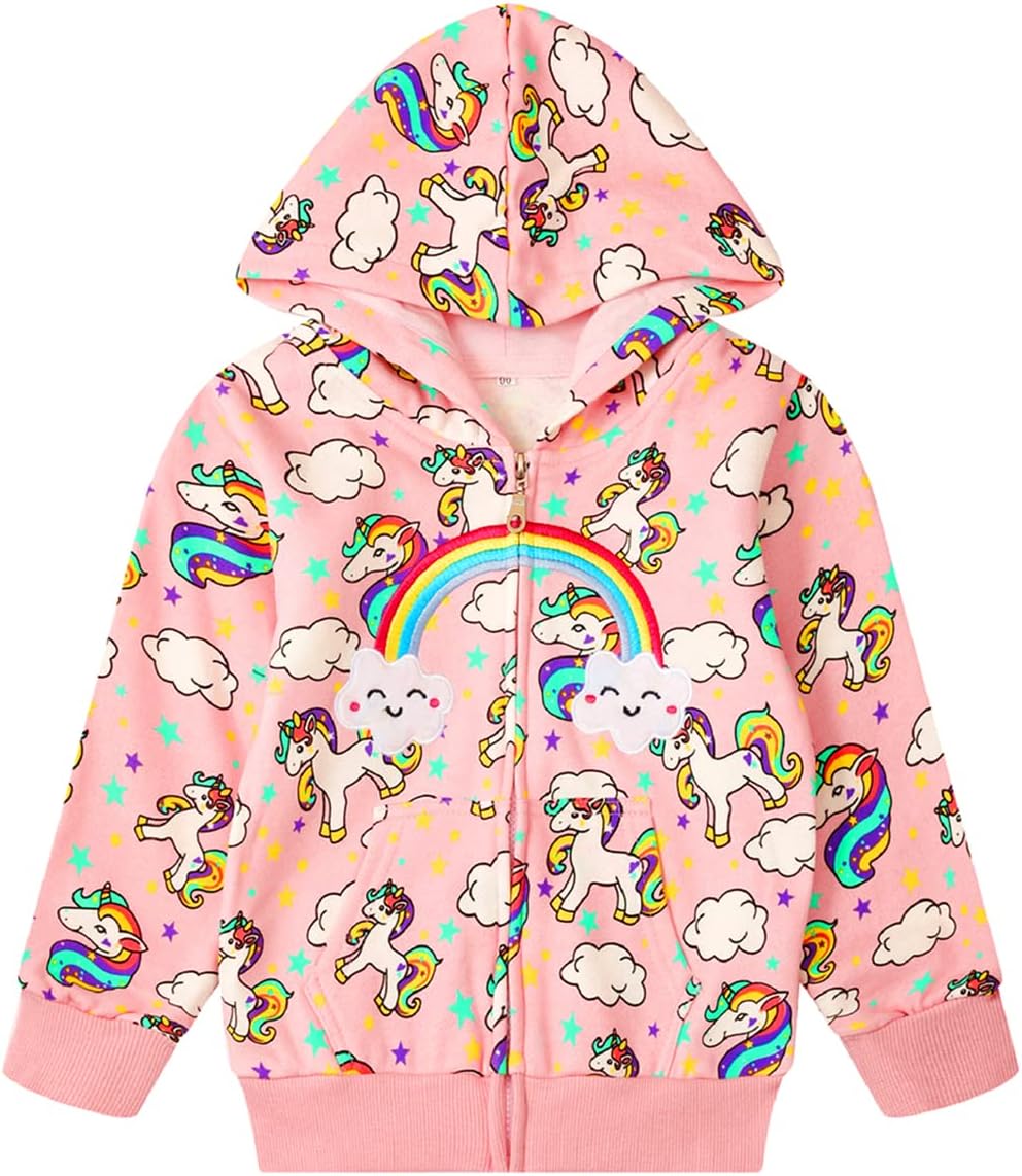 RETSUGO Girls Zip Up Hoodie Jacket Toddler Unicorn Rainbow Sweatshirt Kids Hooded Coat Casual Outerwear Size 2-7 Years