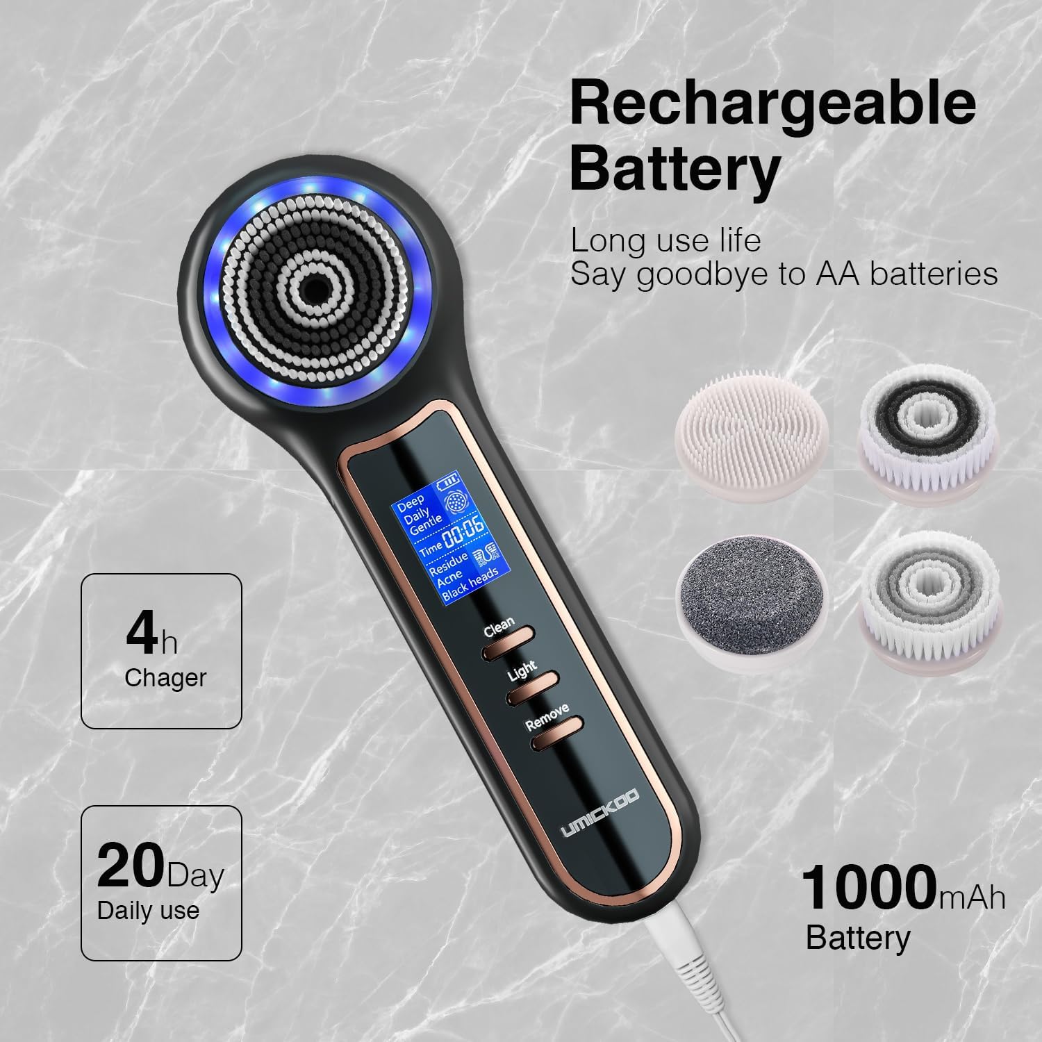 UMICKOO Electric Facial Cleansing Brush with LCD Screen, 3-in-1 Face Scrubber & Optional Blackhead Remover, Rechargeable, IPX7 Waterproof, Gentle Daily & Deep Cleaning for All Skin Types - Image 8