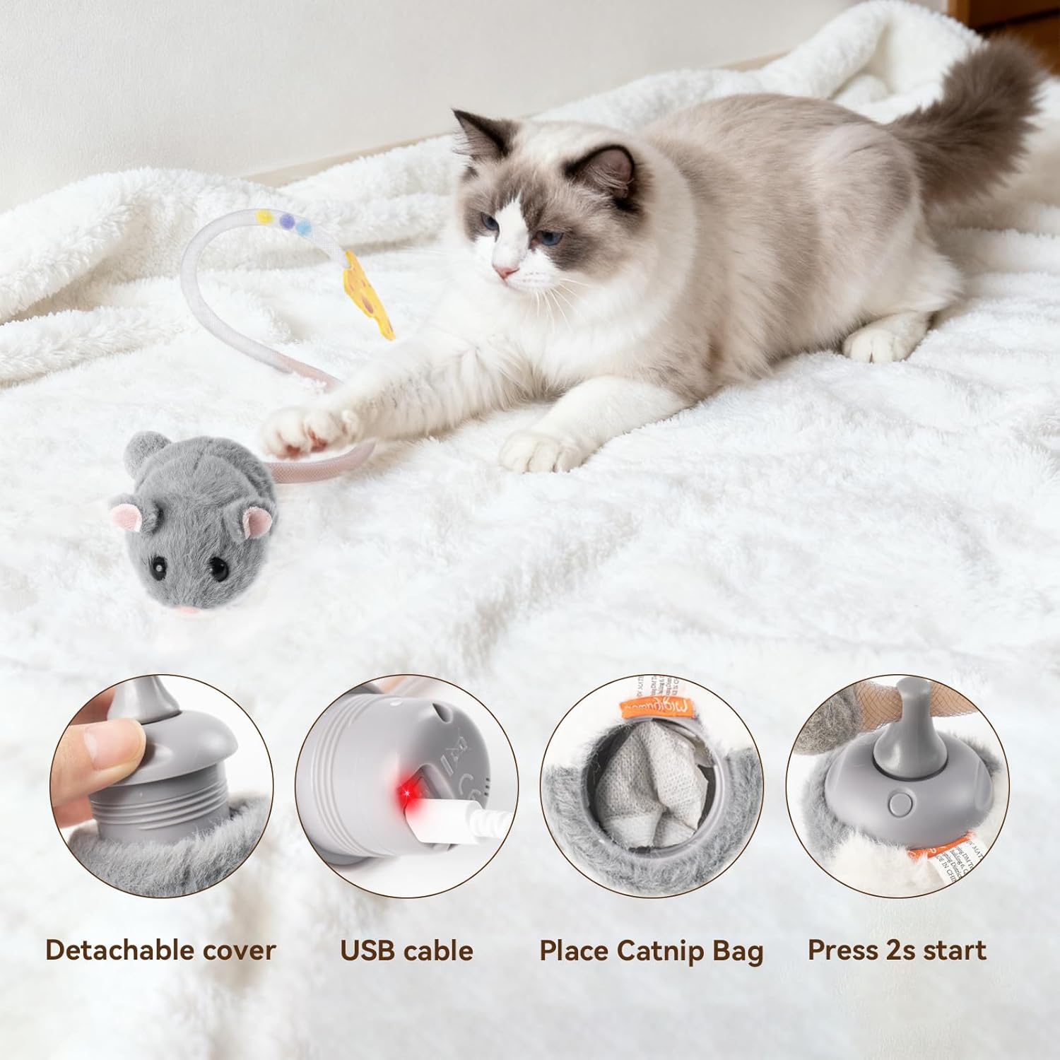 Migipaws Interactive MigiMouse Cat Toy 360° Rolling & Spin with Mesh Plastic Tail for Indoor Cats Smart Motion Sensor, Realistic Squeak, Rechargeable Plush Kitten Toy(Grey) - Image 6