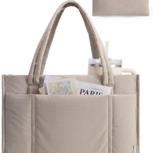 BAGSMART Tote Bag for Women, 2Pc Puffer Tote Bag with Zipper, Quilted Work Tote Teacher Bag Shoulder Handbag | Beach Tote, Diaper Bag Tote, for Travel, Gym, Lightweight, Fit 15.6″ Laptop, 21L Medium Tote