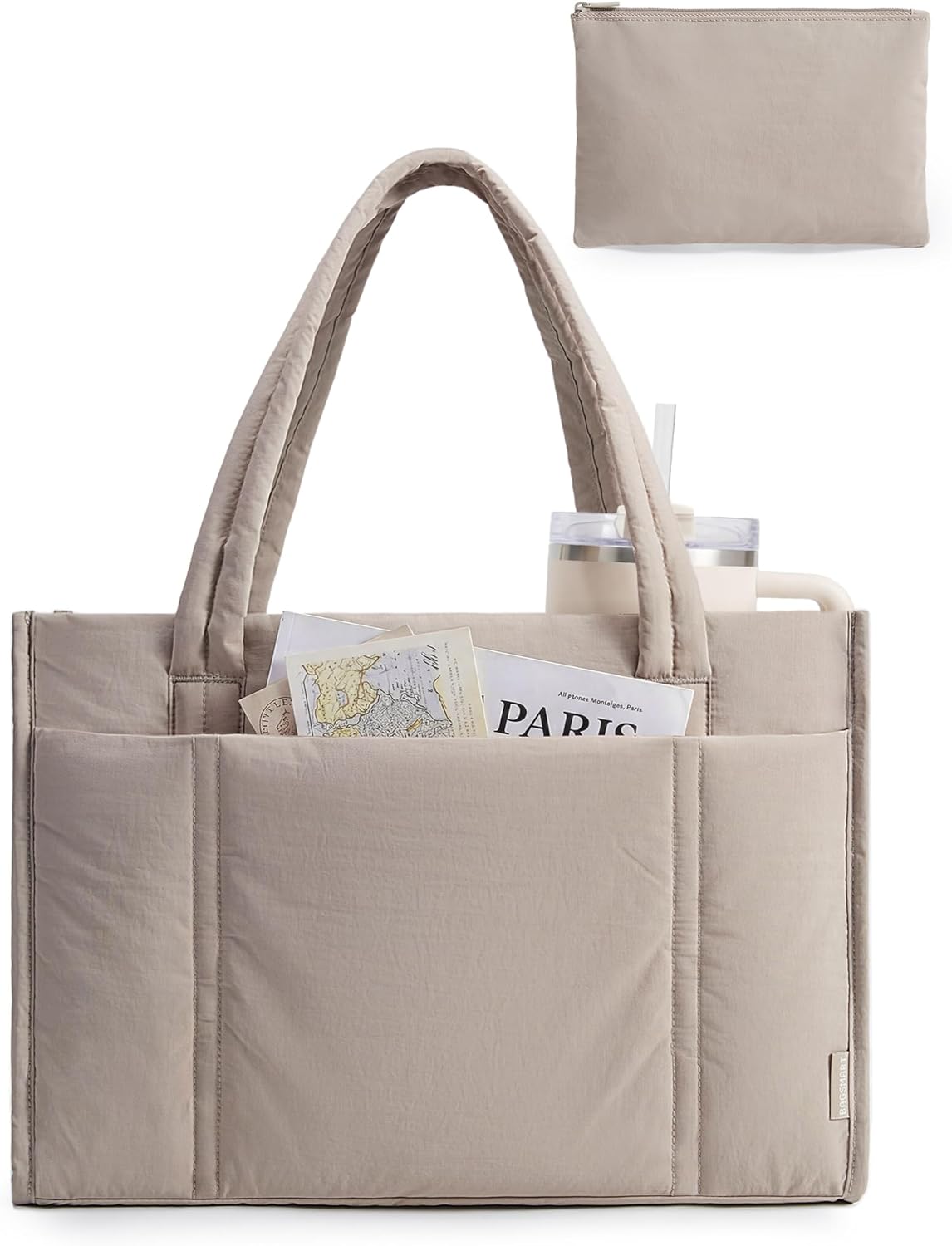 BAGSMART Tote Bag for Women, 2Pc Puffer Tote Bag with Zipper, Quilted Work Tote Teacher Bag Shoulder Handbag | Beach Tote, Diaper Bag Tote, for Travel, Gym, Lightweight, Fit 15.6" Laptop, 21L Medium Tote