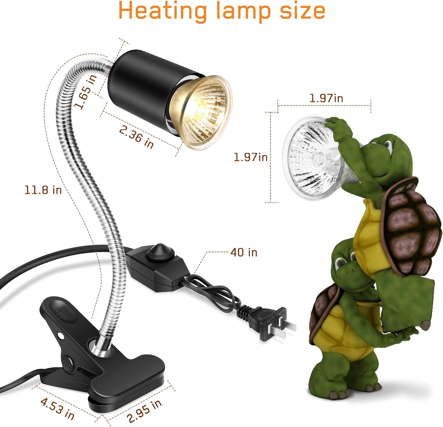 Reptile Heat Lamp,Heating Lamp with Clamp, Adjustable Habitat Basking Heat Lamp,UVA/UVB Light Lamp 360° Rotatable Clip and Dimmable Switch for Aquarium(Bulb Included) (E27,110V) - Image 4
