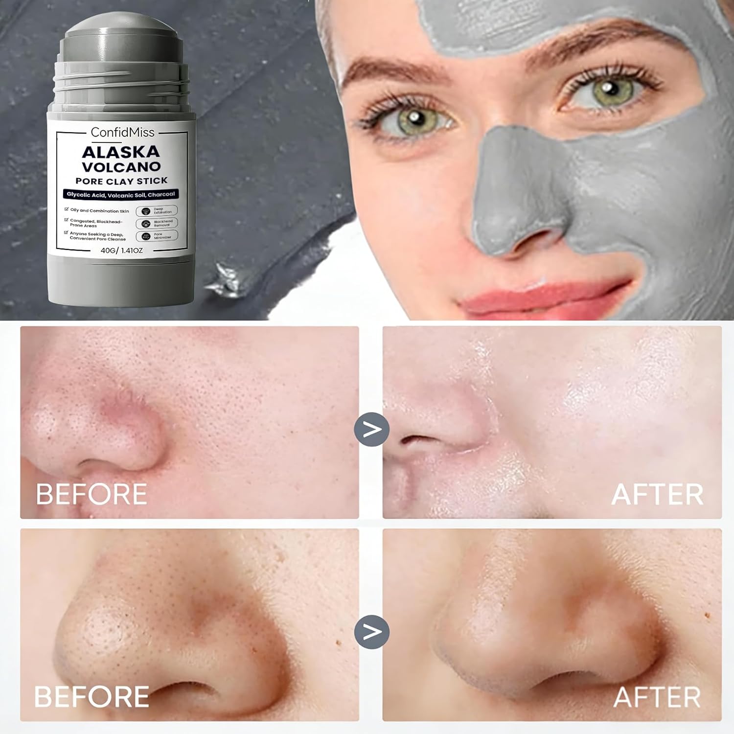 Clay Mask Stick, Deep pore Cleansing, Exfoliator Blackhead Remover Pore Cleanser Gentle Exfoliation Skin Brightening, Hydrating & Moisturizing Face Mud Mask for All Skin Types, Men & Women (Gray) - Image 3