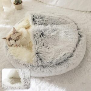 Keep Warm Lapcatz Nest Bed – Round, Fluffy, Hooded Cat Bed Cave with Anti-Slip Bottom and Machine Washable Cover for Small to Medium Pets (Green, Medium)