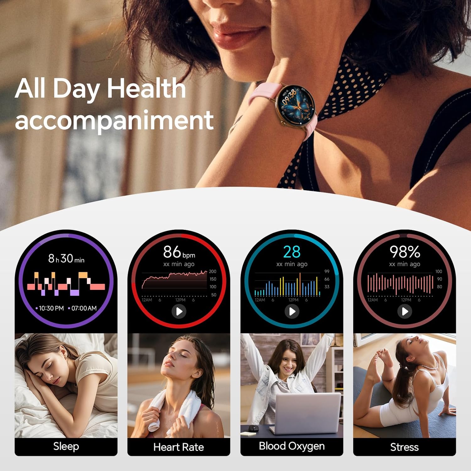 Smart Watch for Women,1.57" Touch Screen Smartwatch for iPhone& Samsung& Android,Answer/Make Call,Fitness Tracker with Heart Rate/SpO2/Sleep Monitor,IP68 Waterproof,110+ Sports Mode,2 Bands - Image 2