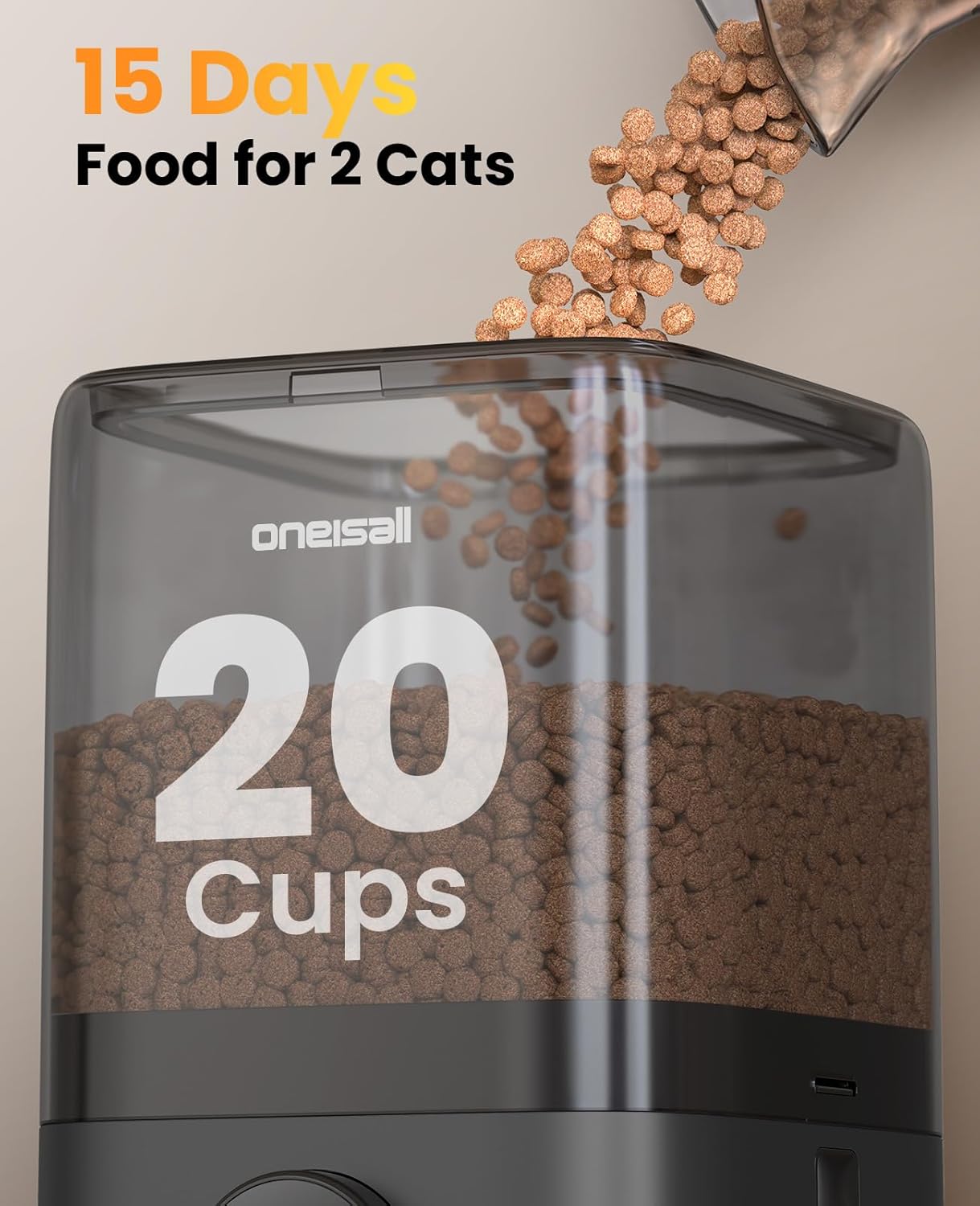 oneisall Cordless WiFi Automatic Cat Feeder for 2 Cats, Rechargeable 100-Day Battery Operated Auto Cat Feeder, 20 Cups/5L Timed Cats Food Dispenser Automatic for Large Kibble, Smart App Control - Image 7