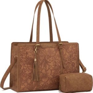 LOVEVOOK Laptop Bag for Women Vintage Leather Work Tote 15.6 inch Large Capacity Computer bag with Clutch Purse for Office, Travel, Casual
