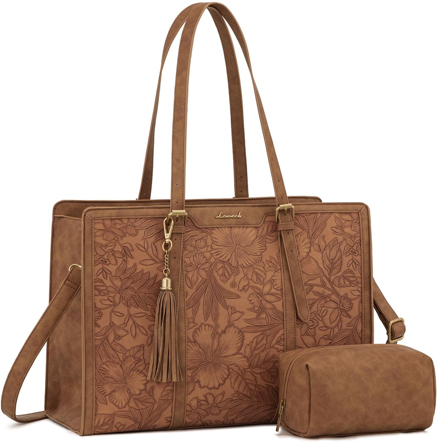 LOVEVOOK Laptop Bag for Women Vintage Leather Work Tote 15.6 inch Large Capacity Computer bag with Clutch Purse for Office, Travel, Casual