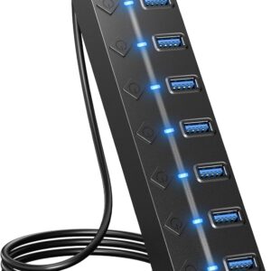 ONFINIO USB Hub 3.0, 7-Port USB Hub Splitter with Individual On/Off Switches and Lights, 3.2ft/1m Long Cable Compatible with MacBook, Laptop, Surface Pro, PS4, PC, Flash Drive, Mobile HDD