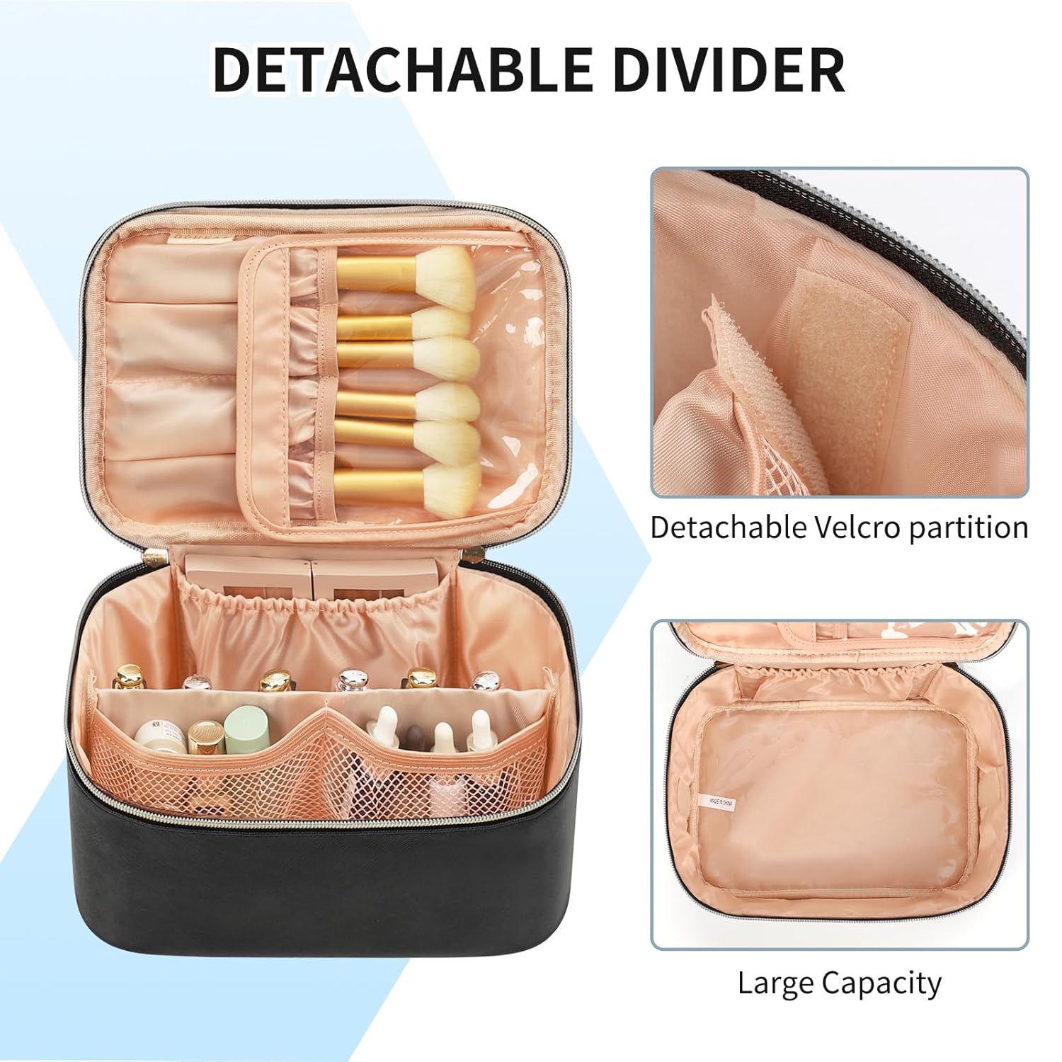 OCHEAL Makeup Bag, Portable Cosmetic Bag, Large Capacity Travel Makeup Case Organizer, Black For Women Toiletry Bag for Girls Traveling With Handle and Divider - Image 3