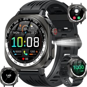uaue Military Smart Watches for Men(Answer/Make Call), AMOLED 1.43″ Smartwatch, Flashlight/130+ Sports/Heart Rate/Sleep Monitor/Fitness Activity Tracker, IP68 Waterproof Fitness Watch for Android iOS