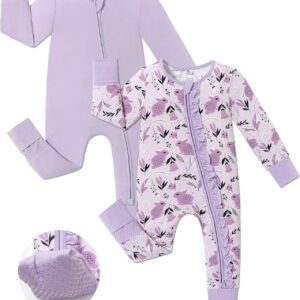 JunNeng Baby Girl Viscose from Bamboo Sleeper with Mitten Cuffs, 2 Way Zipper Romper, Sleep N’ Play Pajamas 0-18 Months
