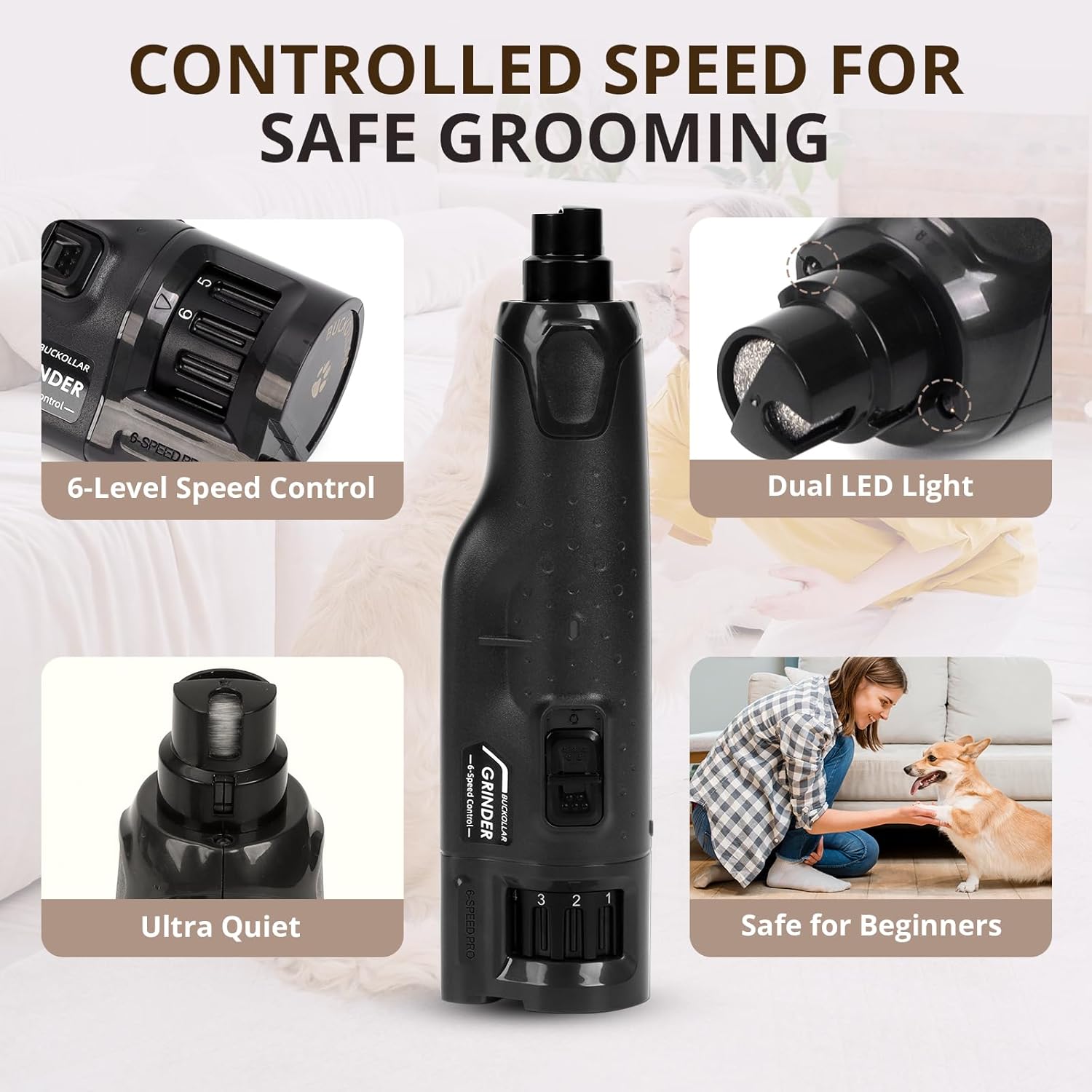6-Speed Quiet Dog Nail Grinder with LED Light, Low-Vibration Electric Pet Nail Trimmer for Dogs and Cats, Safe Grooming Kit for Beginners, Complete Set with Storage Case - Image 4