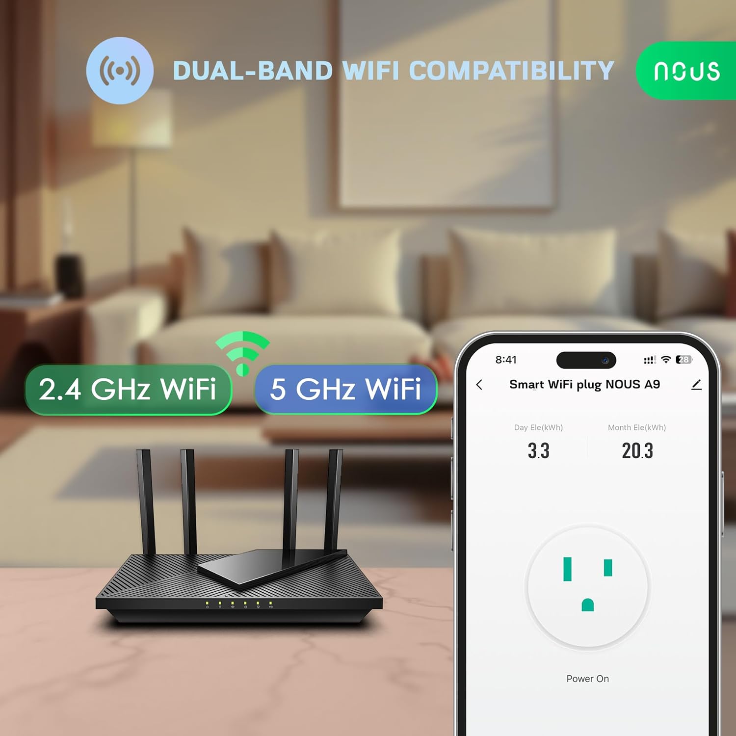 NOUS Wi-Fi Smart Plug 15A, Dual-Band 2.4GHz & 5GHz, Energy Monitoring, Compatible with Alexa, Google Home, Tuya App, Remote Control, Timer, Compact Design, Smart Outlet, 3 Pack - Image 3