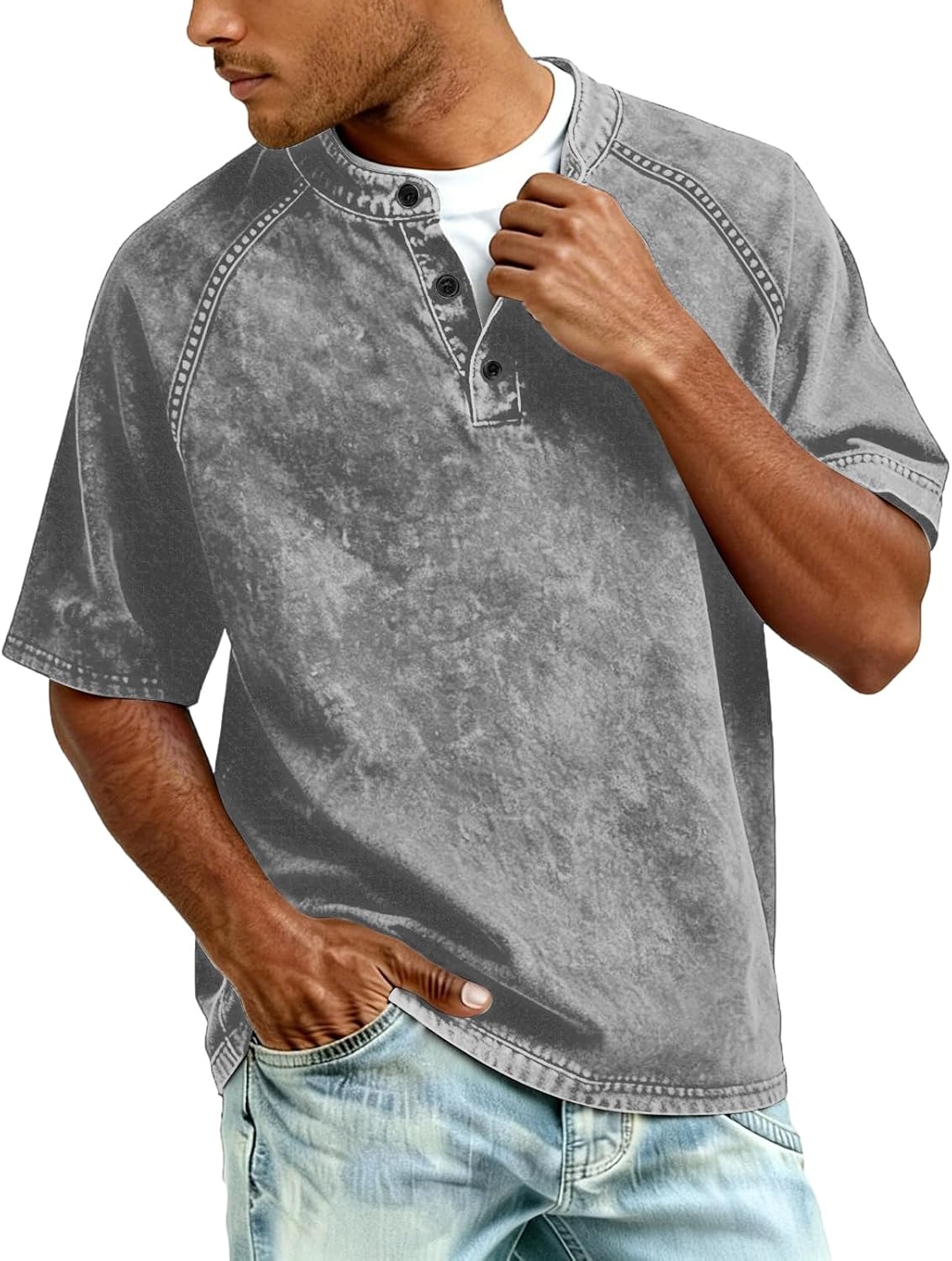 Distressed Henley Shirts for Men Short Sleeve Washed T Shirts Vintage Relaxed Fit Retro Wash Tshirt - Image 2