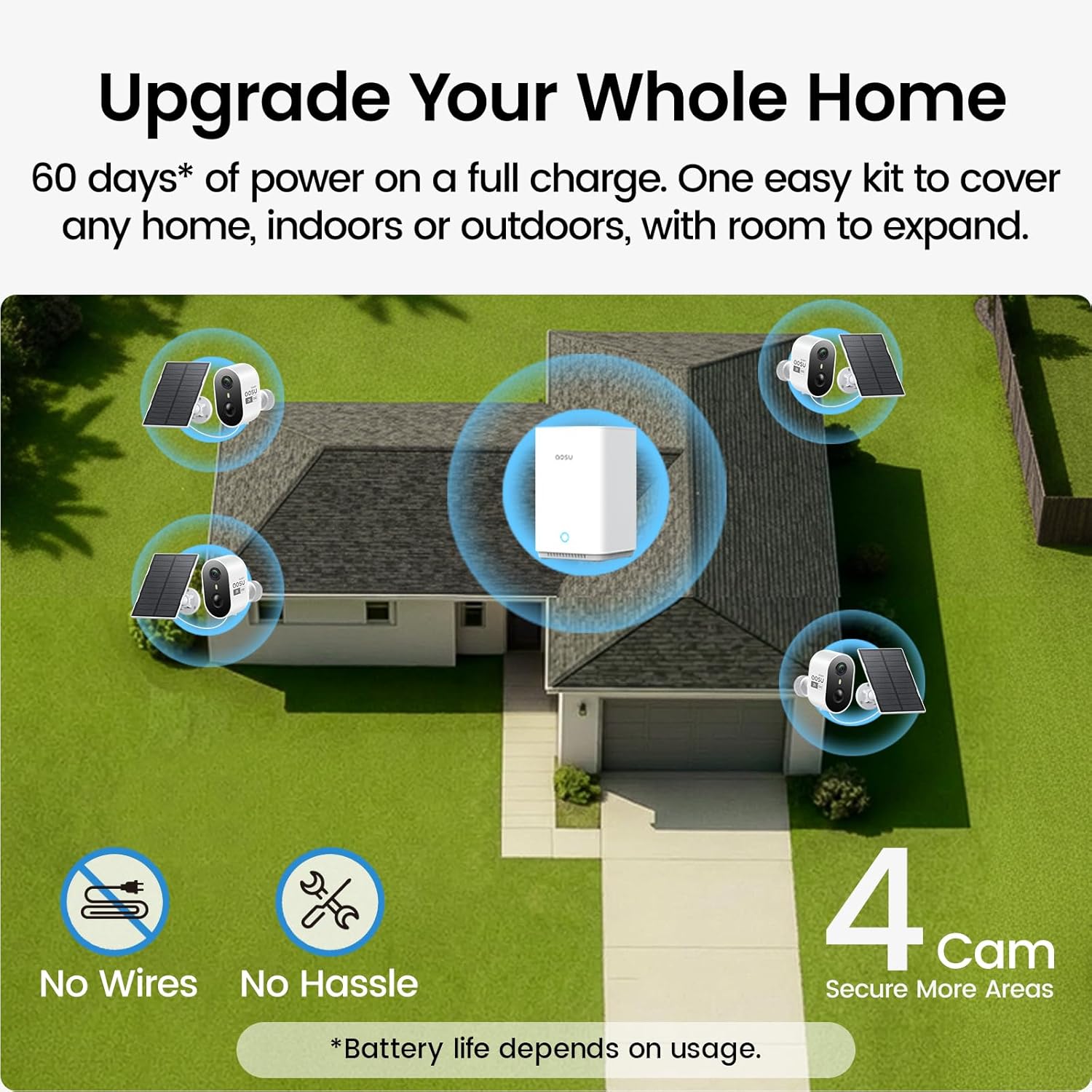 aosu Solar Security Cameras Wireless Outdoor Home System, True 2K HD, Cross-Camera Tracking, PIR + AI Human Detection, Color Night Vision, Local Storage, No Subscription Required, 4-Cam-Kit - Image 3