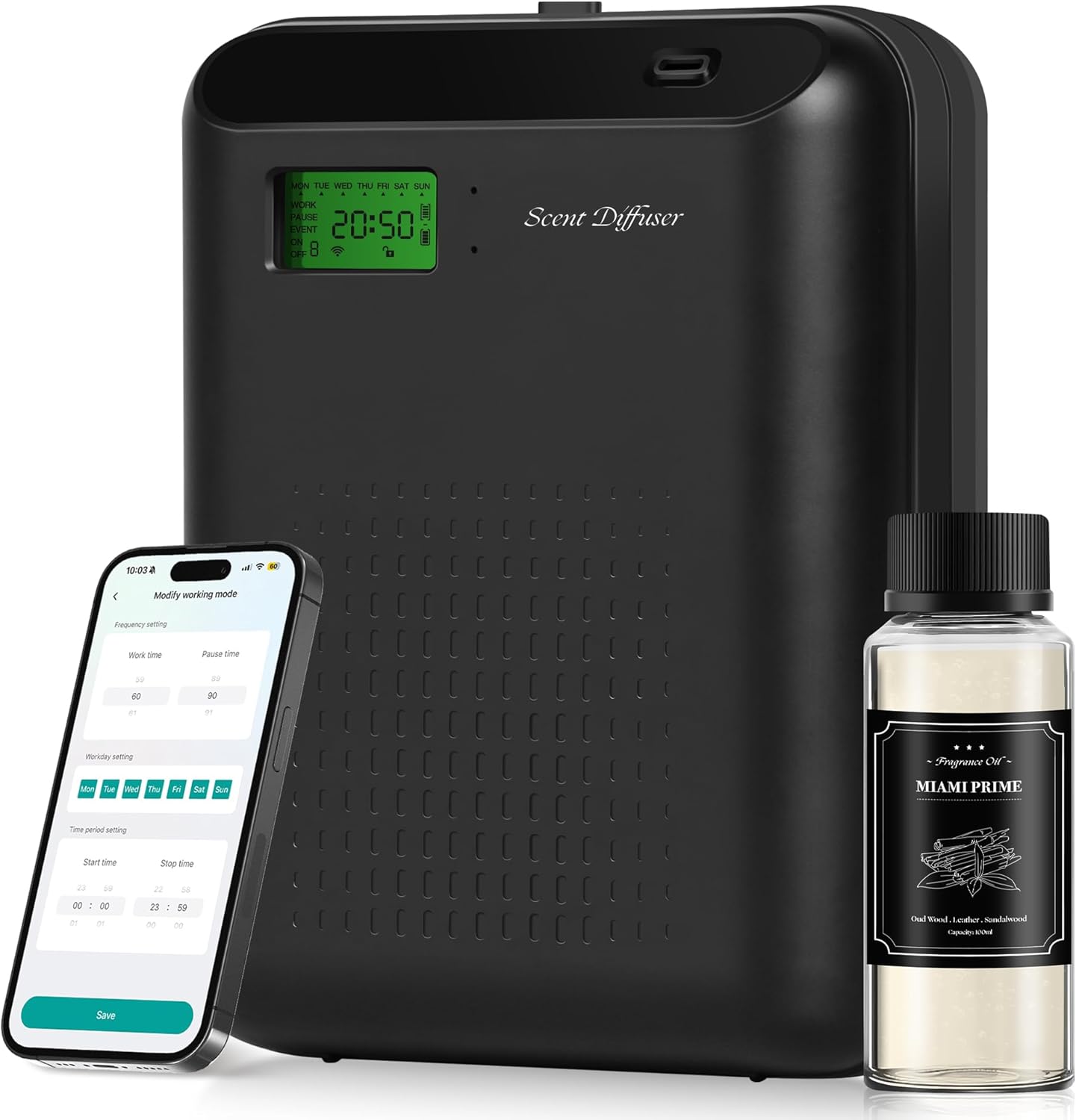 Scent Air Machine Starter Kit – Waterless Diffuser for Home & Commercial Use, Hotel Scent Diffuser Includes 100ml Essential Oil, WiFi/Bluetooth Control, 2000 sq.ft Coverage, Wall-Mount & Desktop,Black