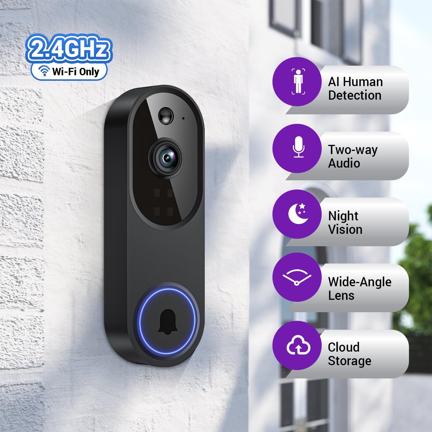 1080p Smart Wi-Fi Doorbell Camera with Doorbell Receiver, AI Motion Detection, Night Vision, Cloud Storage, 2 Way Audio, Battery Powered, 2.4GHz Wi-Fi Only - Image 2
