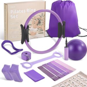 Pilates Kit, Home Pilates Equipment Set with Pilates Ring, Pilates Ball and 5 Resistance Bands, Core Strength Training Workout Kit for Flexibility & Muscle Toning