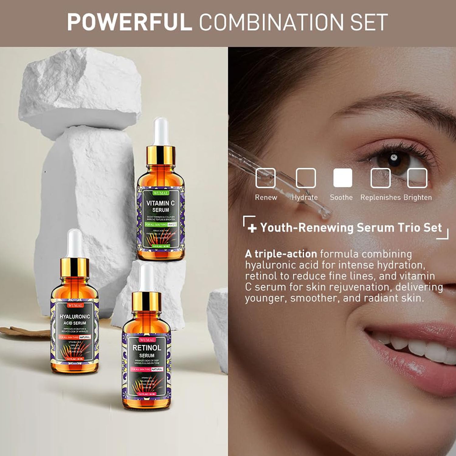 3 Pack Face Serum Set - Includes Vitamin C, Retinol & Hyaluronic Acid - Firming, Brightening & Hydrating - Reset Your Skin Day and Night - Image 2