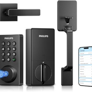 Philips Wi-Fi Smart Door Lock with Handle Set, Keypad Deadbolt for Front Door, Fingerprint Keyless Entry Door Lock with App Remote Control, IP53 Waterproof, Auto Lock, Security Easy Installation