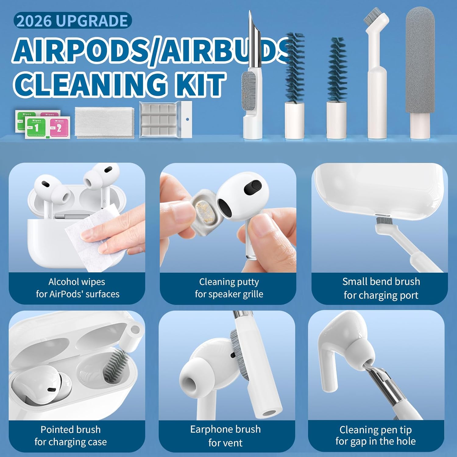 2026 Upgrade Phone Cleaning Kit 57PCS, iPhone Cleaning Kit, Airbud Cleaning Kit for AirPods, Keyboard Cleaning Kit, Charging Port Cleaner for Apple Lightning/Android USB-C (White, with 10 Mini Brush) - Image 4