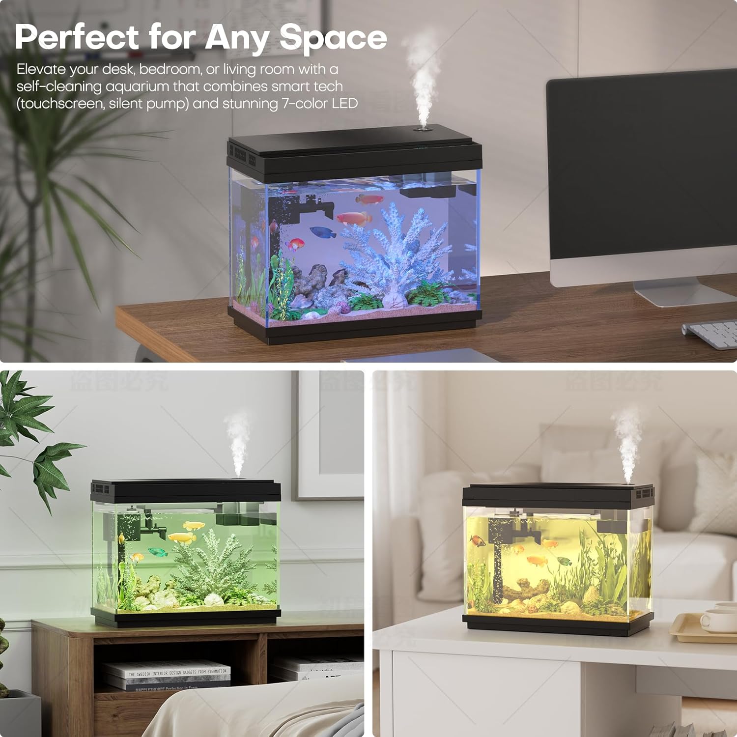 Fish Tank, 2.5Gallon Fish Aquarium,Self Cleaning Fish Tank Aquarium Starter Kit/Humidifier & Essential Oil Diffuser,Touchscreen Control,7-Color LED,3-in-1 Pump,Triple Filtration,Temp/Time Display - Image 6