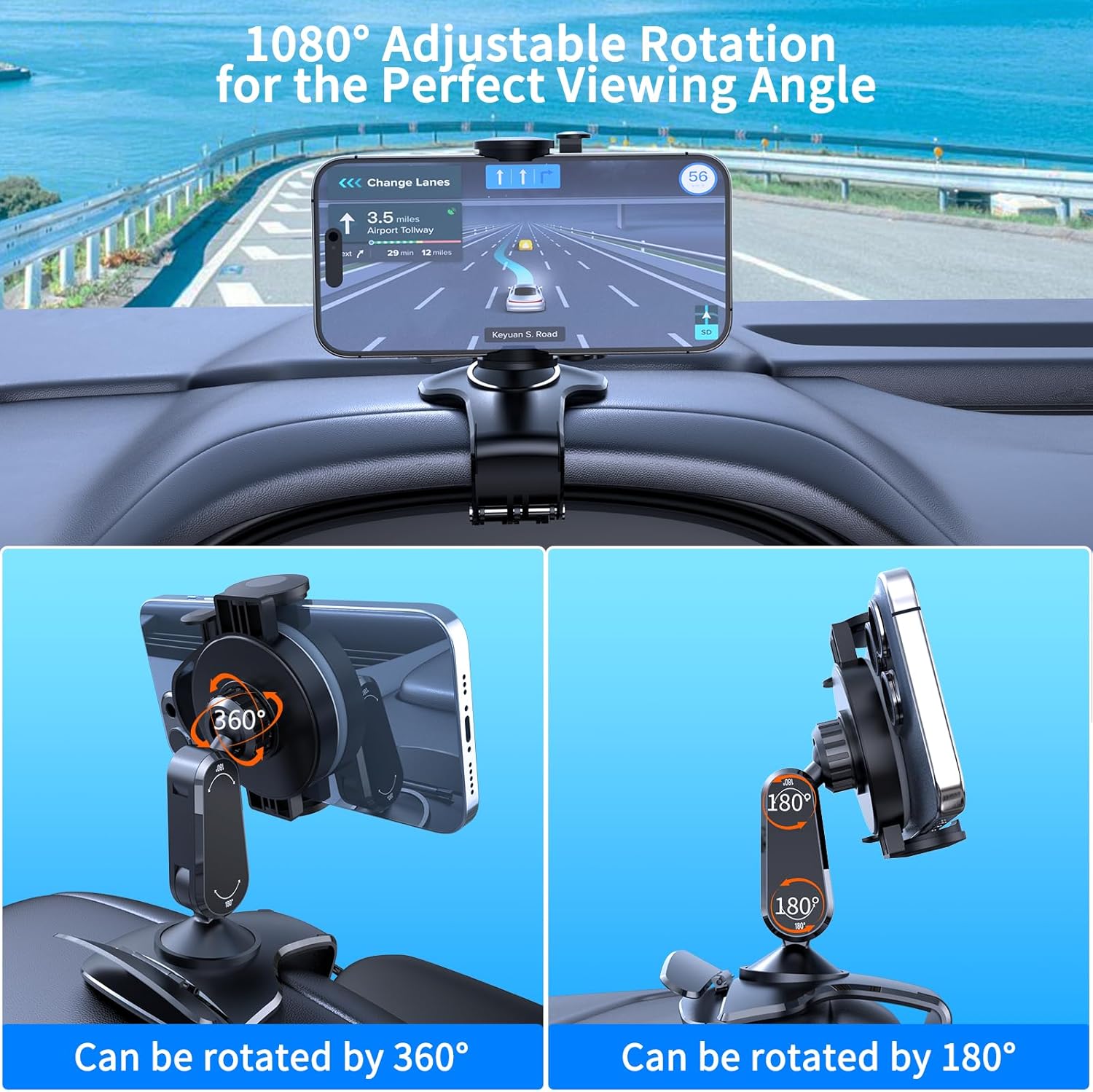 Universal 360° Rotating Dashboard Phone Holder for Car - Spring Clip Car Phone Mount, No Adhesive No Tools, Multi-Angle Adjustable Clip-On Holder for 4-7 inches Smartphones (Black) - Image 3