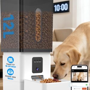Large Dog Automatic Feeder with Camera: 12L/50 Cups Home Smart Dog Feeder for 20 Days Feeding – Anti-Clog with 20mm Wide Chute for Big Breed Owner