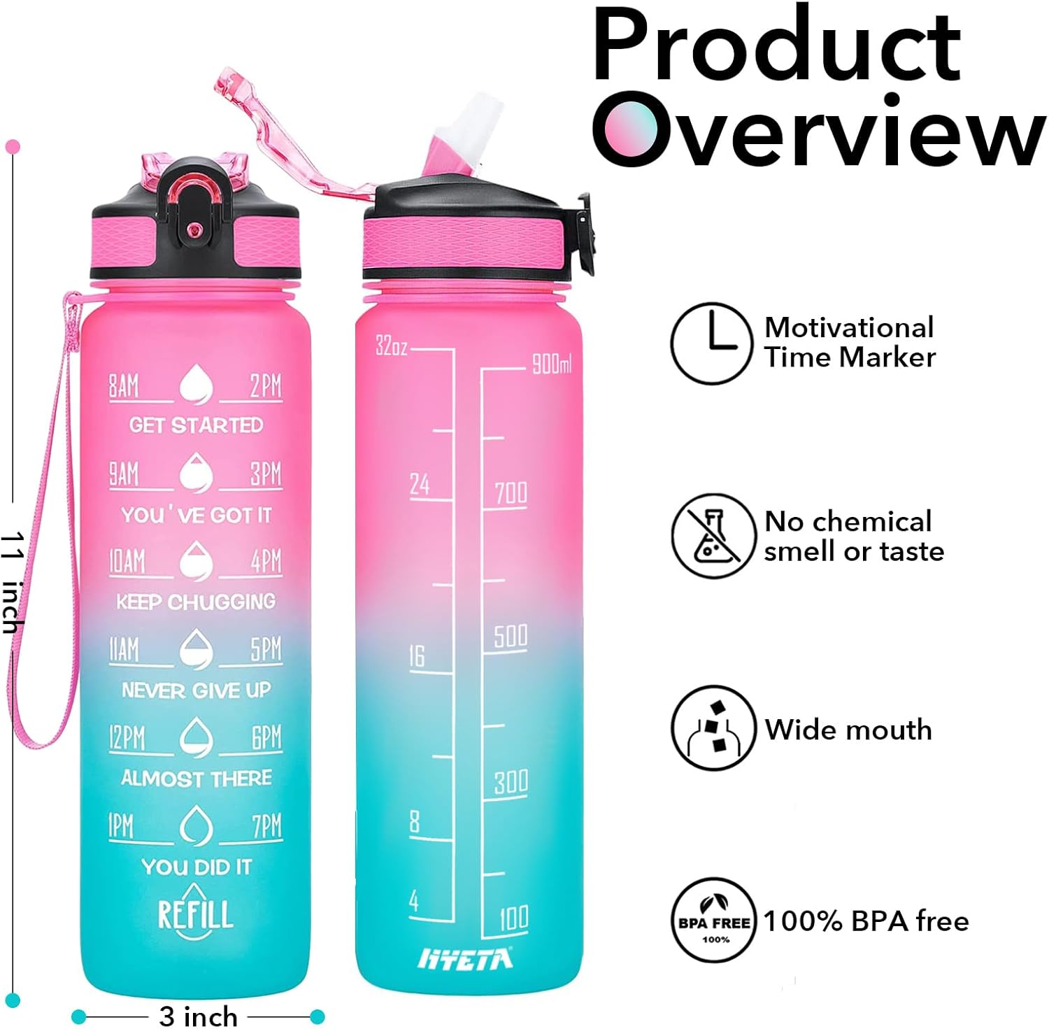 Hyeta 32 oz Water Bottles with Times to Drink and Straw, Motivational Water Bottle with Time Marker, Leakproof, Drinking Sports Water Bottle for Fitness, Gym and Outdoor - Image 2