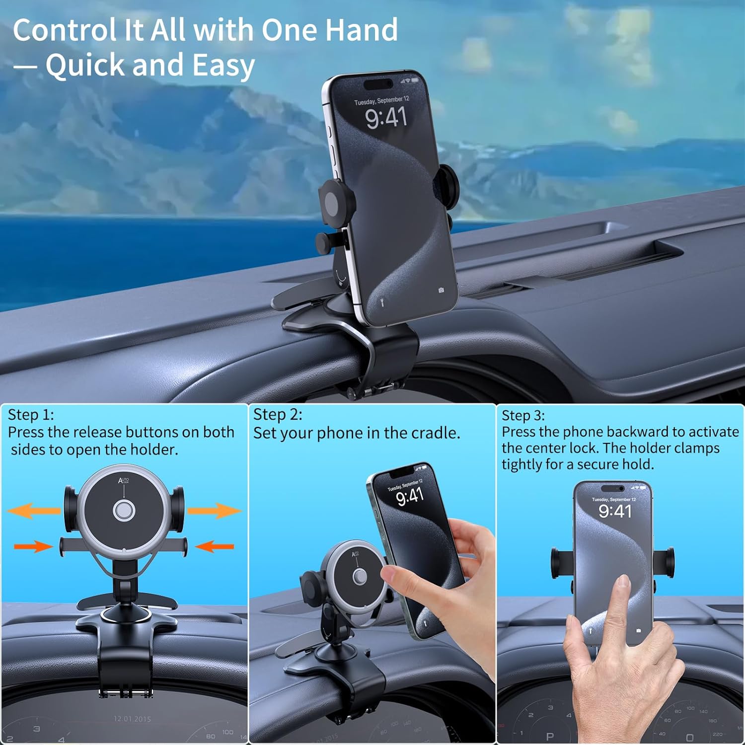 Universal 360° Rotating Dashboard Phone Holder for Car - Spring Clip Car Phone Mount, No Adhesive No Tools, Multi-Angle Adjustable Clip-On Holder for 4-7 inches Smartphones (Black) - Image 4