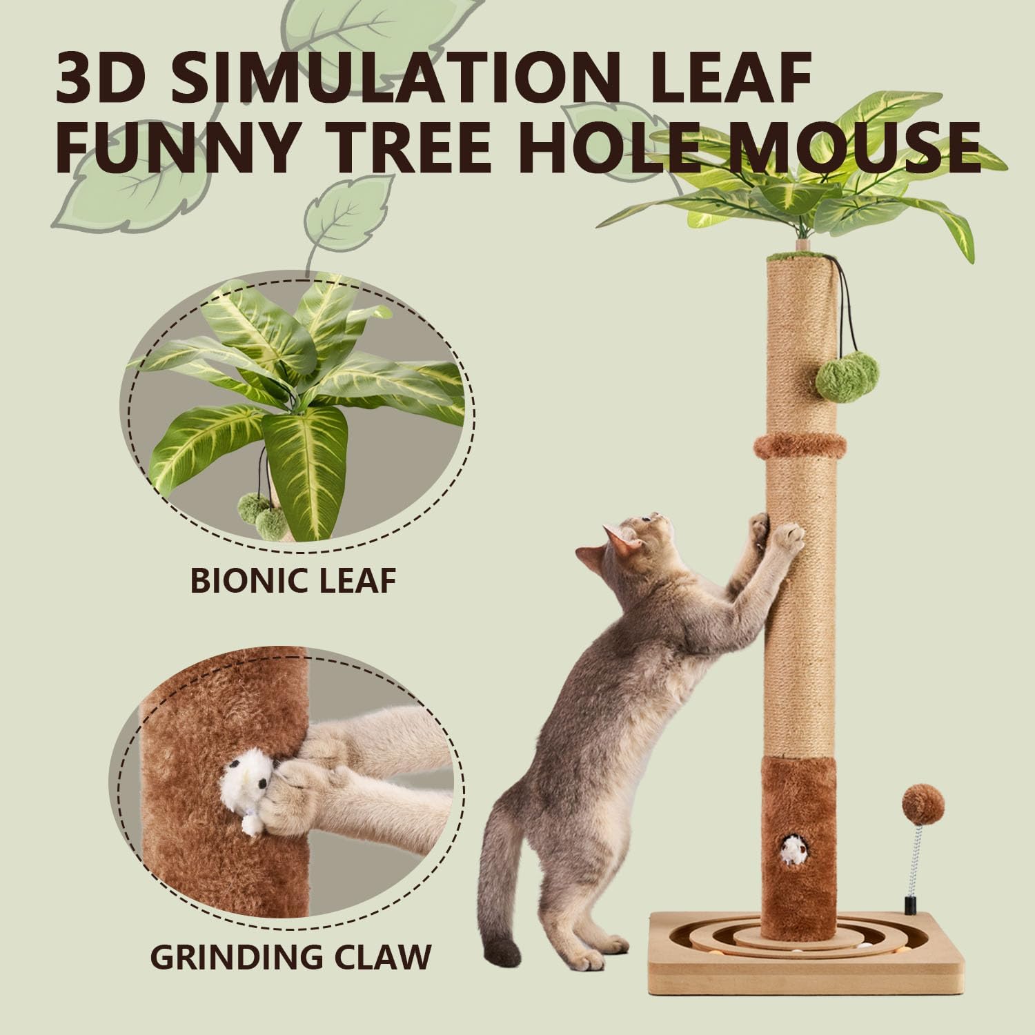 MECOOL 35in Tall Cat Scratching Post Sturdy and Premium Scratch Posts with Hanging Ball and Ball Track Cute Cat Tree for Indoor Cats - Image 3
