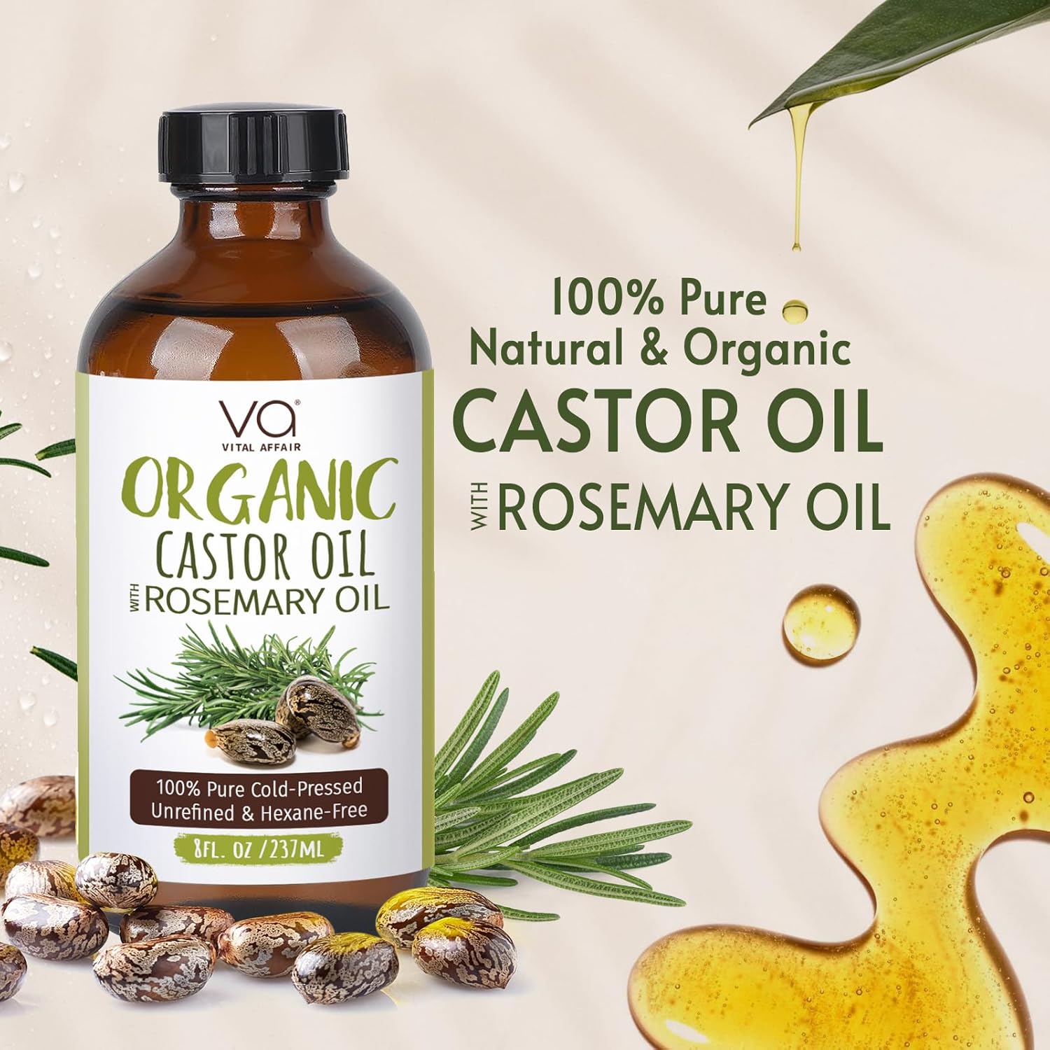 VITAL AFFAIR Organic Castor Oil With Rosemary Oil For Hair Growth - 100% Pure Rosemary Hair Oil With Pure Castor Oil Cold Pressed Unrefined Glass Bottle - Strengthening & Volumizing 8 Fl Oz - Image 5