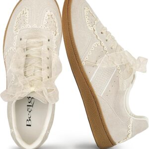 Casual Sneakers for Women Lace Detail – Elegant Ribbon Lace-Up Fashion Sneakers with Leather Upper Memory Foam Insole and Slip On Trendy Casual Shoes for Women