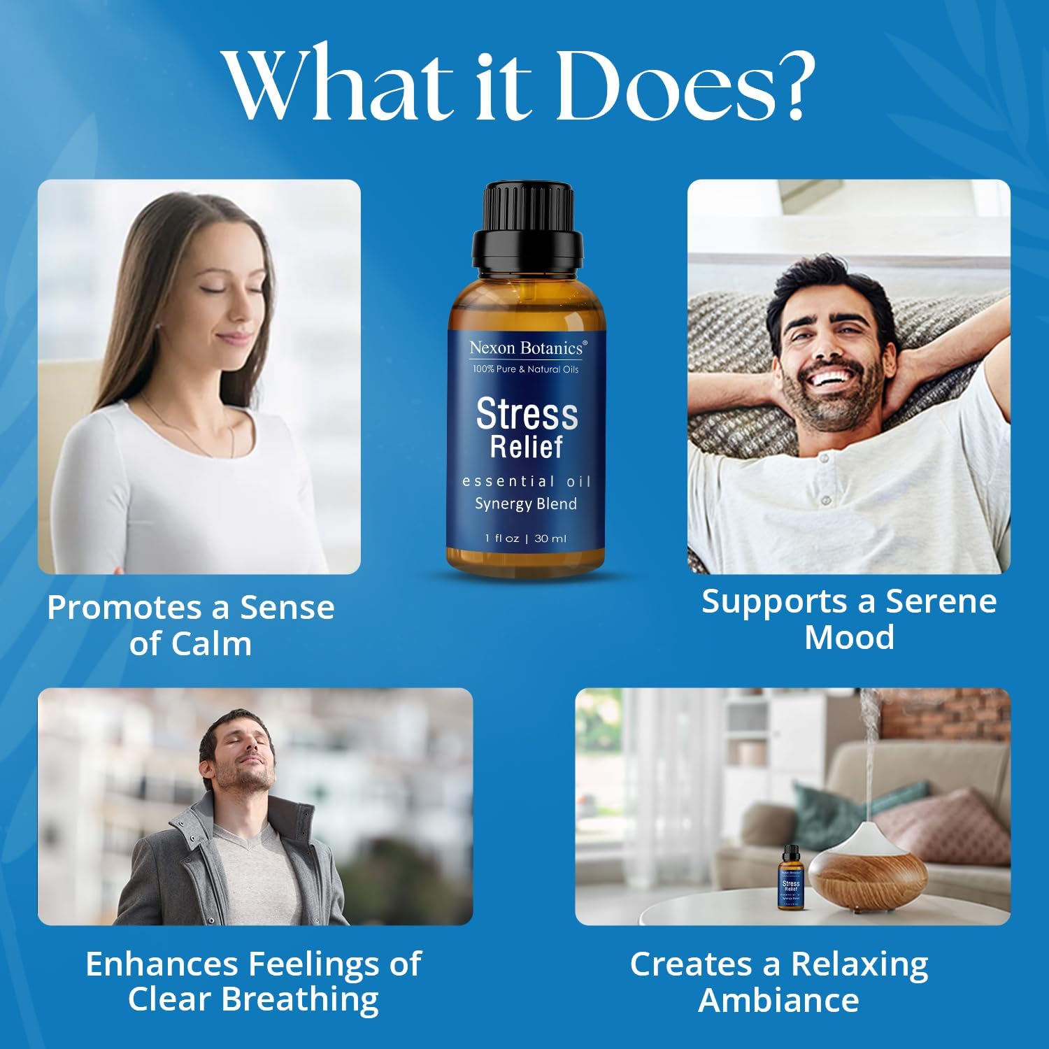 Stress Relief Essential Oil Blend 30 ml - Stress Relief & Calm Essential Oil for Diffusers & Aromatherapy - Promotes Relaxation & Rest - Nexon Botanics - Image 2