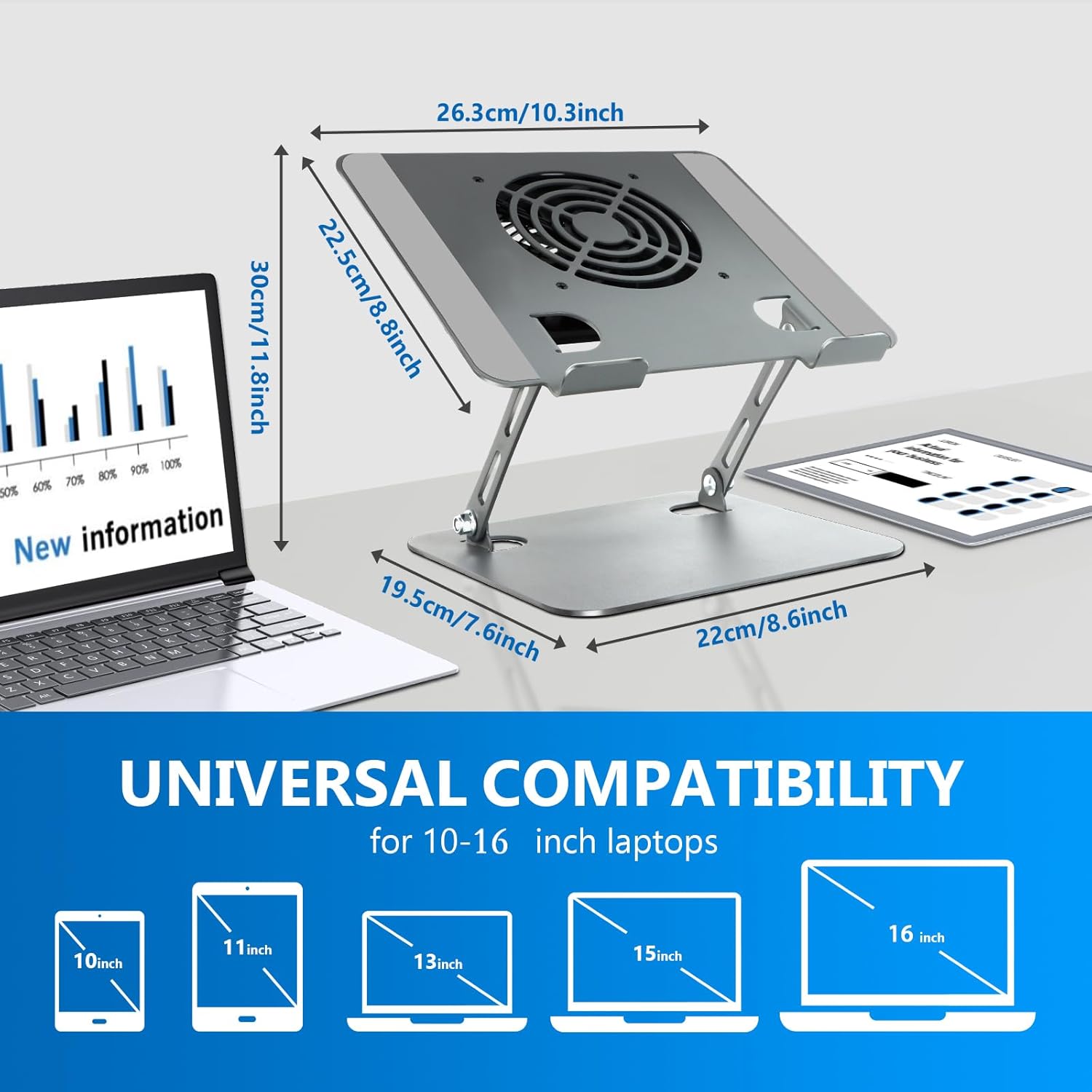 Laptop Cooling Stand with Fan and One Key Switch - Ergonomic Adjustable Height Desk Stand for All 10-16”Laptops & Tablets - Image 4
