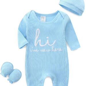 Babymine Newborn Unisex Baby Clothes 0-3 Months,Long Sleeve Onesie Infant Coming Home Outfits Romper with Mittens & Hat