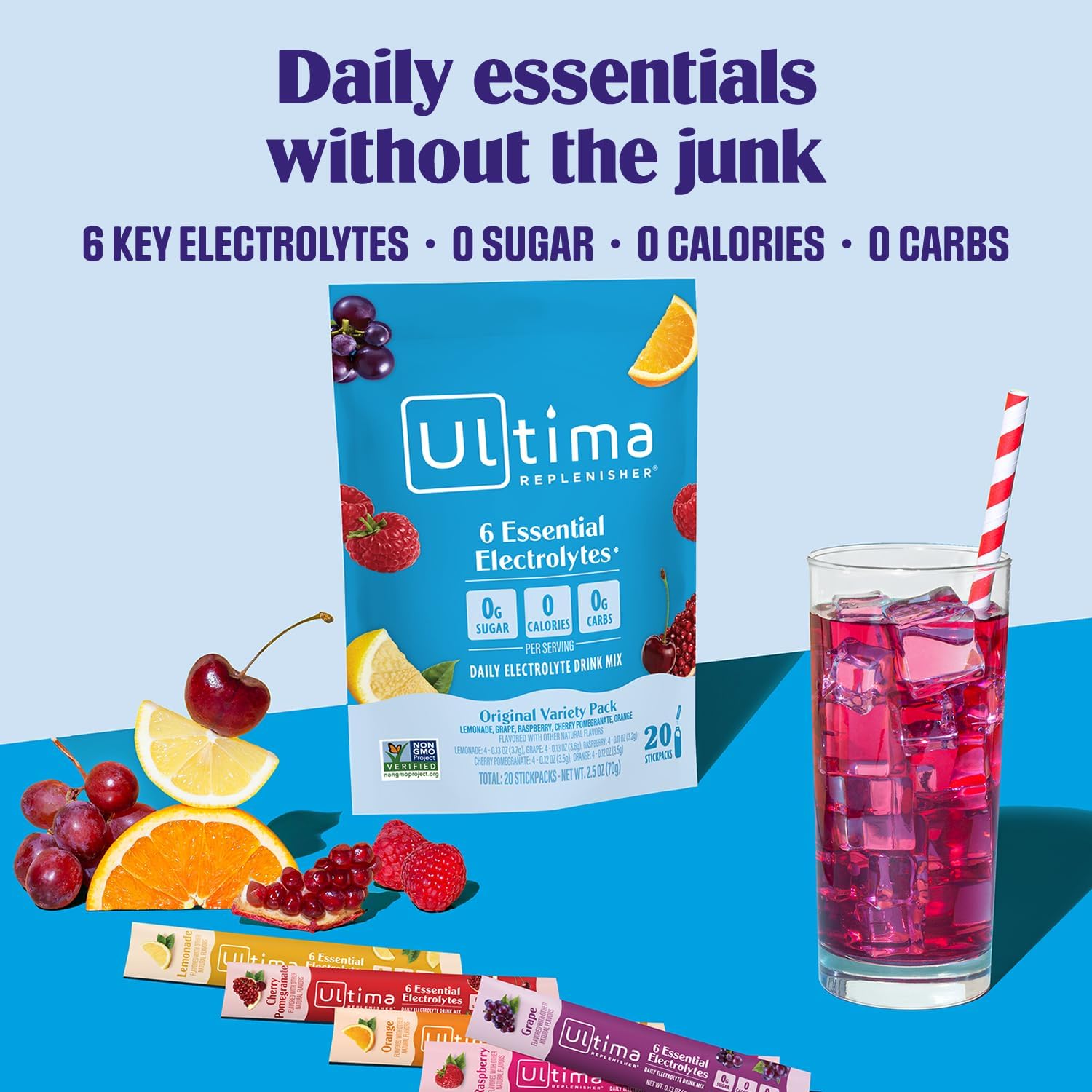 Ultima Replenisher Daily Electrolyte Powder – Original Variety Pack, 20 Stickpacks – Zero Sugar Hydration Packets with 6 Electrolytes and Minerals – Sugar Free, Plant Based & Keto Friendly Drink Mix - Image 2