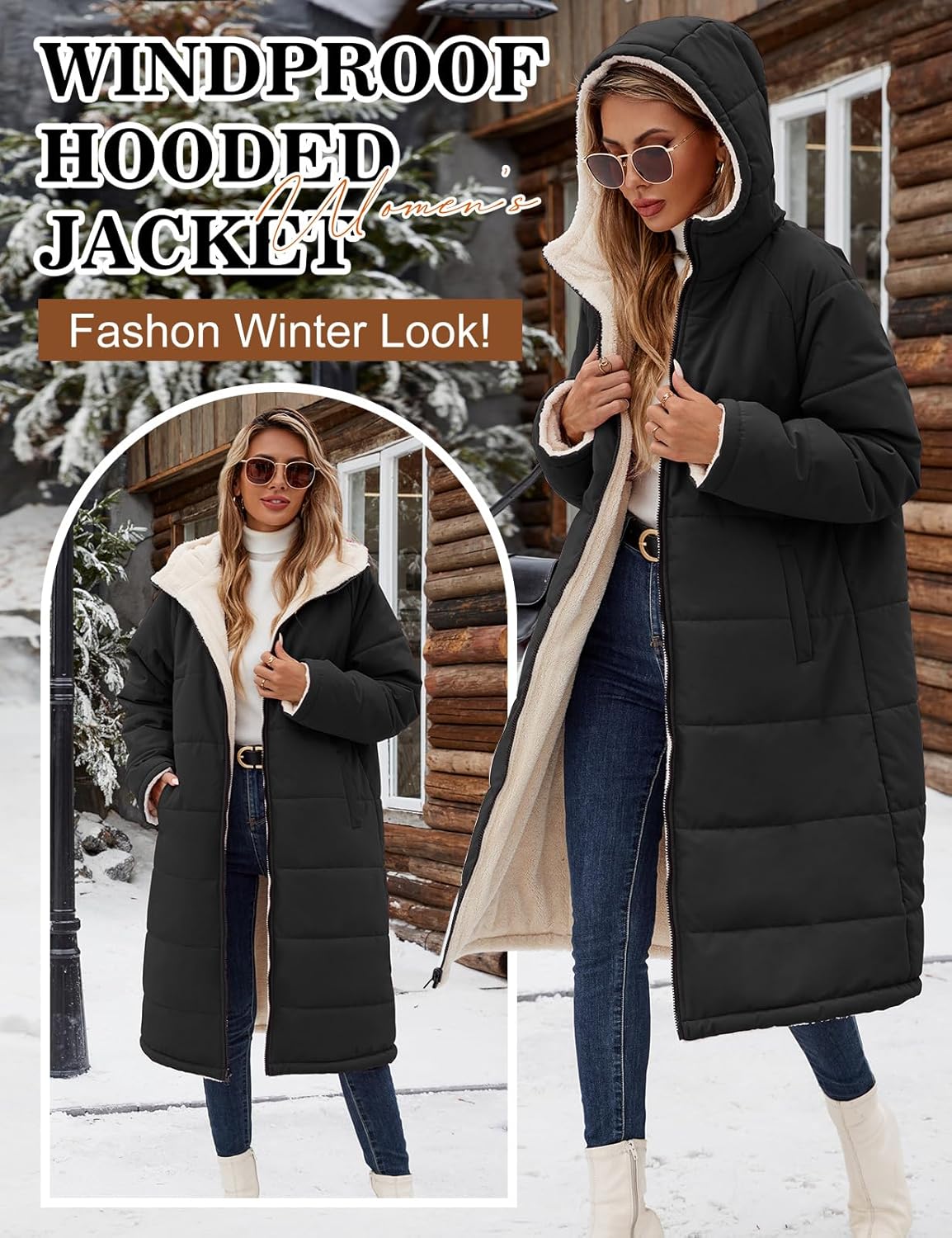 Womens Winter Coat Long Coats Sherpa Fleece Quilted Puffer Jackets with Hood Zip Warm Thicken Outwear - Image 4