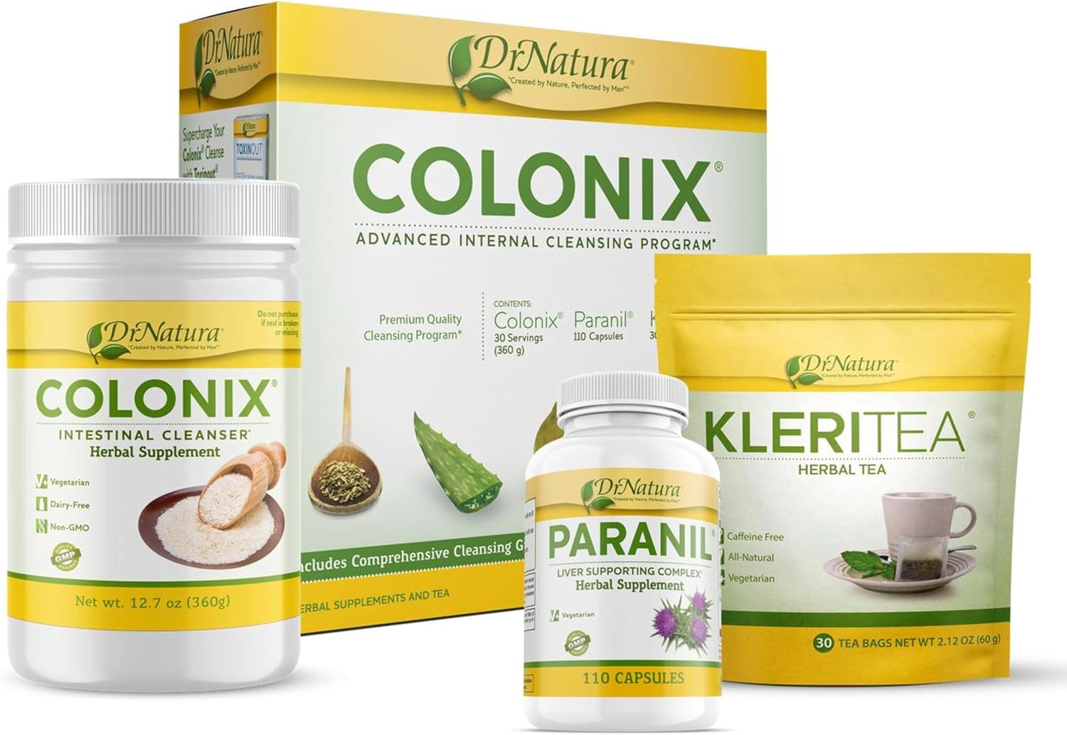 DrNatura Colonix 3-Part Colon Cleanse Kit – Whole Psyllium Husk Fiber Powder, Herbal Capsules & Herbal Tea, 30 Day Digestive & Gut Support Program, 16 oz (Pack of 2)