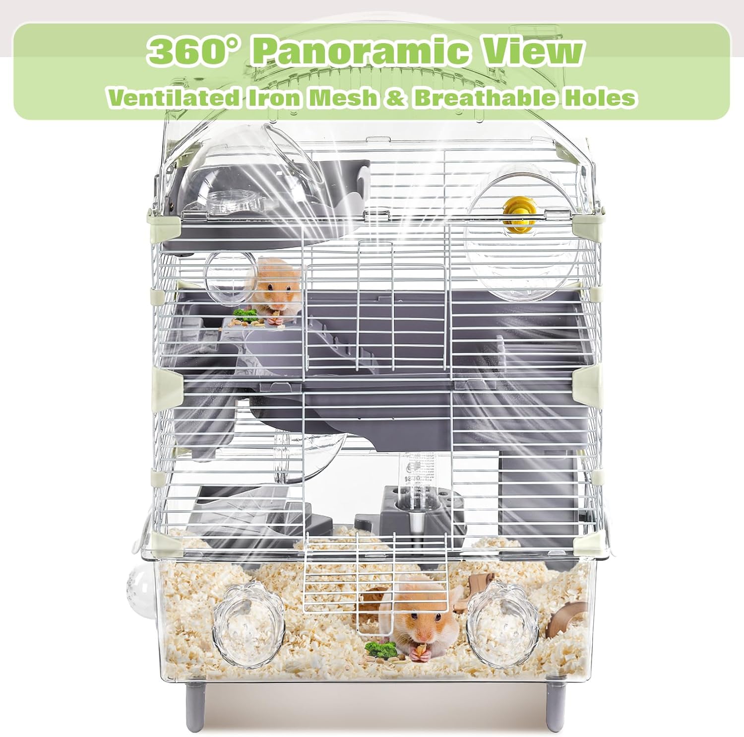 3-Tier Hamster Cage Starter Kit 18″Lx11″Wx23″H for Dwarf Hamsters Only with 2 Platforms, 3 Tube Ports, Bathtub, Food Bowl, Steps, 2 Silent Wheels, 3 Doors, House, Water Bottle - Image 6