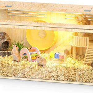 XiaZ Large Hamster Cage,40 Inch Wooden Hamster Cage with Panoramic View and Ventilated Top, Spacious Acrylic Glass Habitat for Syrian Dwarf Hamsters and Degus, Natural Wood Frame Enclosure