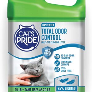 Cat’s Pride Max Power: Total Odor Control – Up to 10 Days of Powerful Odor Control – Strong Clumping – Hypoallergenic – 99% Dust Free – Multi-Cat Litter, Unscented, 15 Pounds
