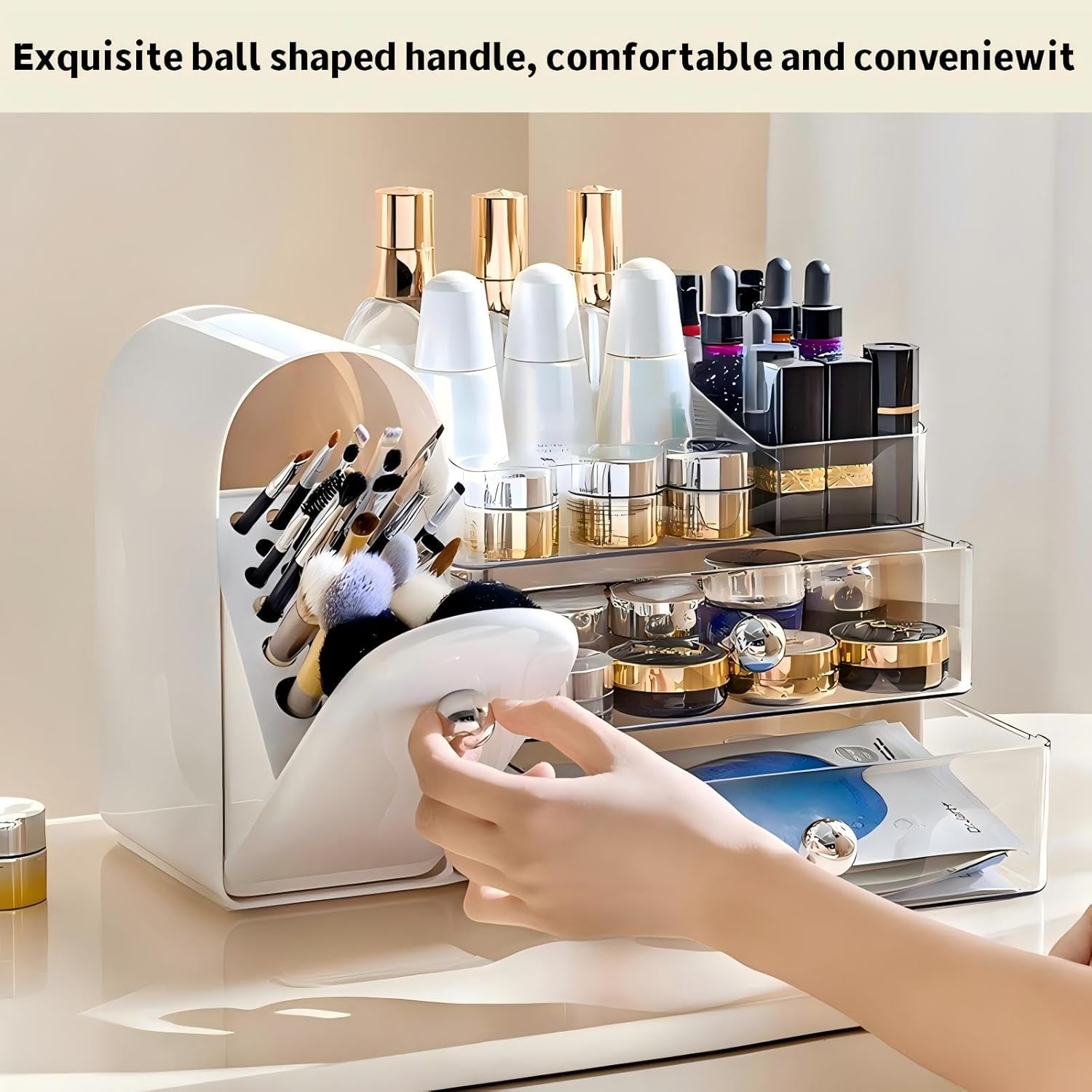 Makeup Organizer for Vanity with Covered Brush Holder,Bathroom Organizers with Drawer,Skin Care Organizer,Makeup Organizers for Vanity with Drawer,Large Makeup Storage for Dresser, White - Image 2