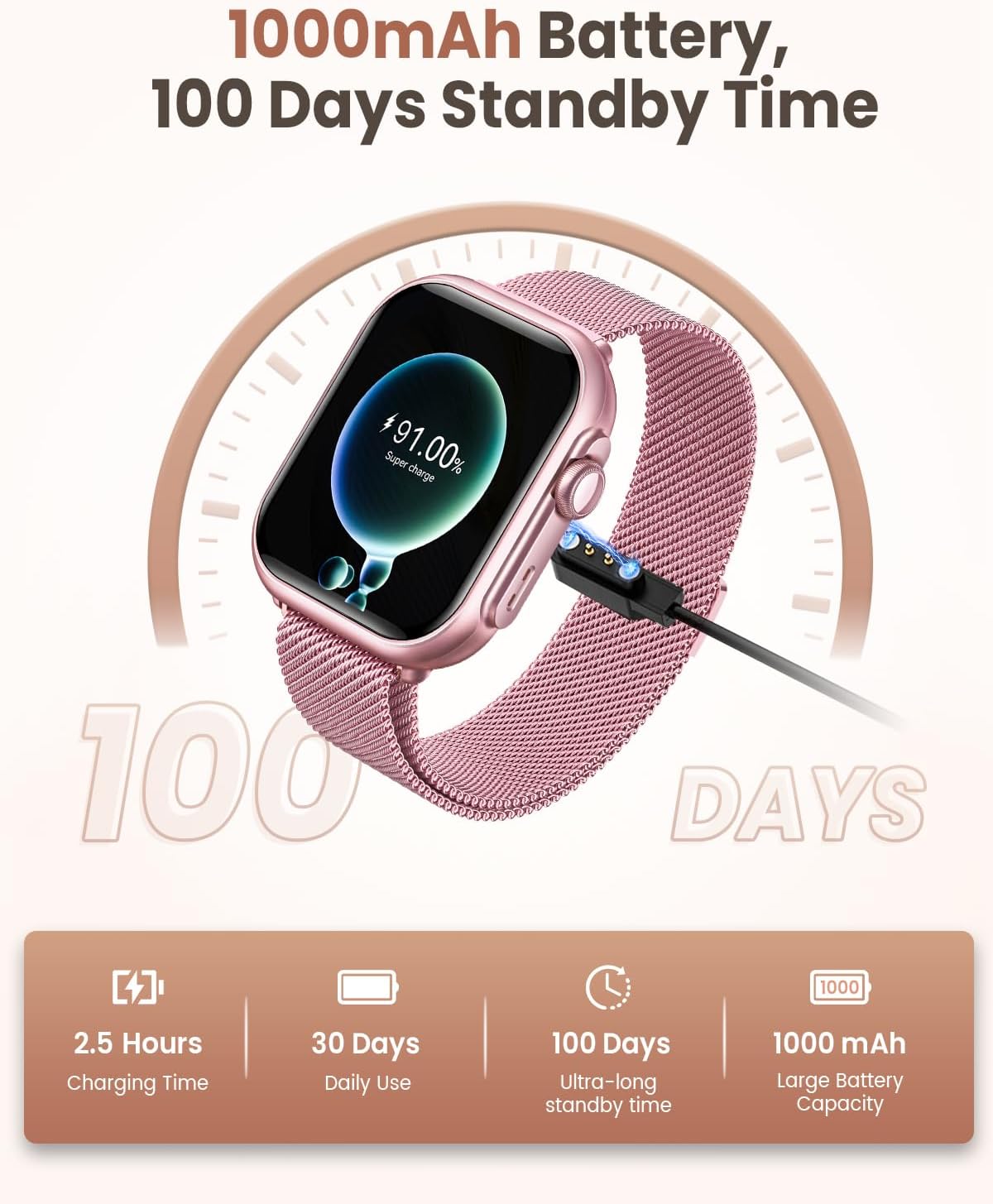 Smart Watches for Women (Android/iPhone), 1.83" HD Smart Watch with Calls/Messages/Notifications, Sleep/Heart Rate/SpO2/Blood Pressure Monitor, 110+ Sports Modes Fitness Tracker Watch, 1000mAh Battery - Image 2