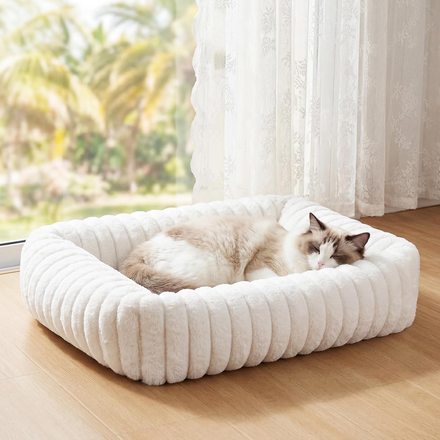 Cat Beds for Indoor Cats, Square Self Warming Cat Bed Orthopedic Pet Bed with Pillow Super Soft Rabbit Fur Small Dog Beds, Calming Plush Kitten Bed with Removable Washable Cover & Anti-Slip Bottom - Image 8