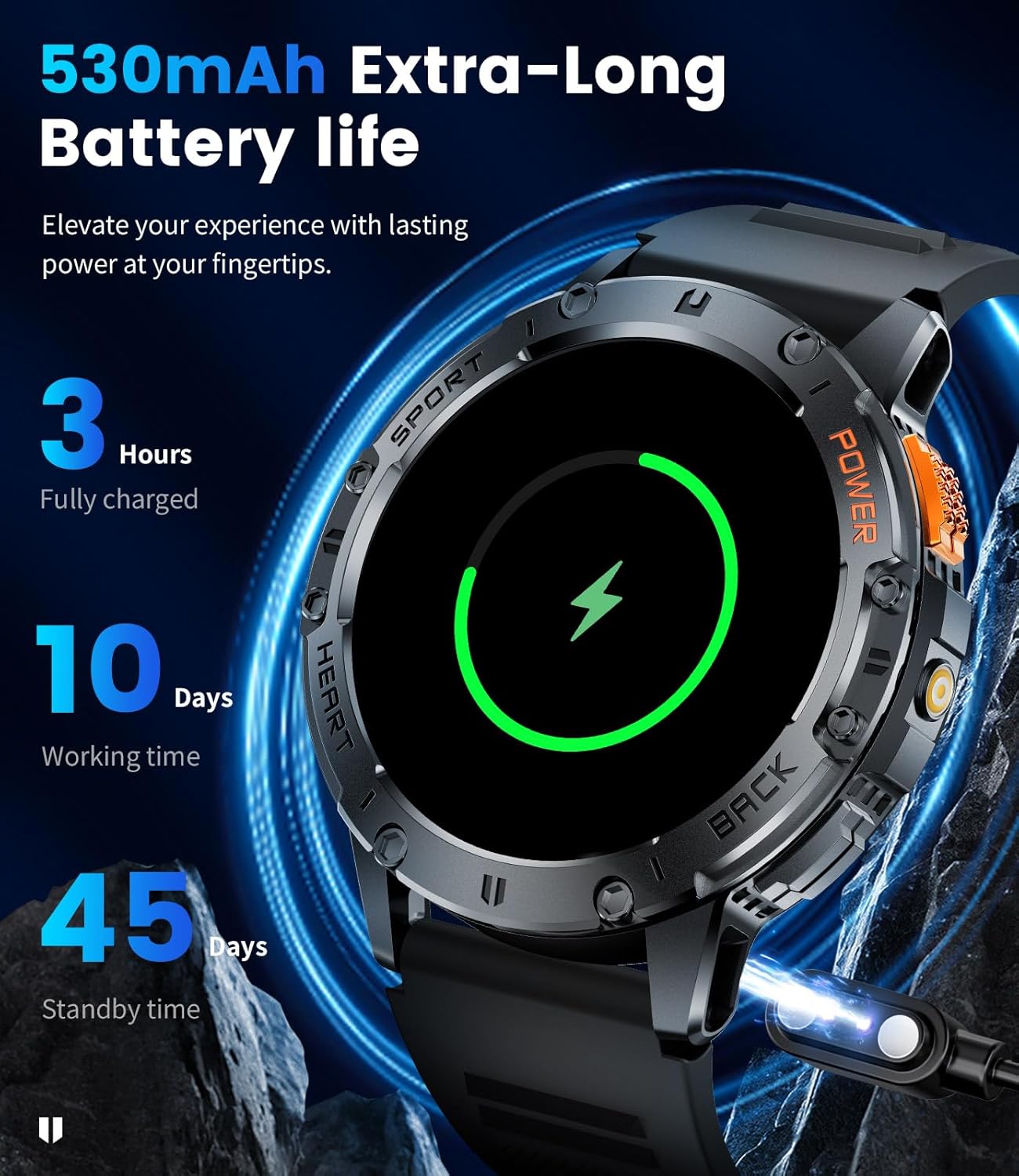 Military Smart Watches for Men for Android/iPhone-1.43'' Amoled Display Fitness Watch with Heart Rate/SpO2/Sleep Monitor/100+ Sport Modes/Flashlight,5ATM Waterproof Sport Watch,Pedometer,Silicone - Image 8