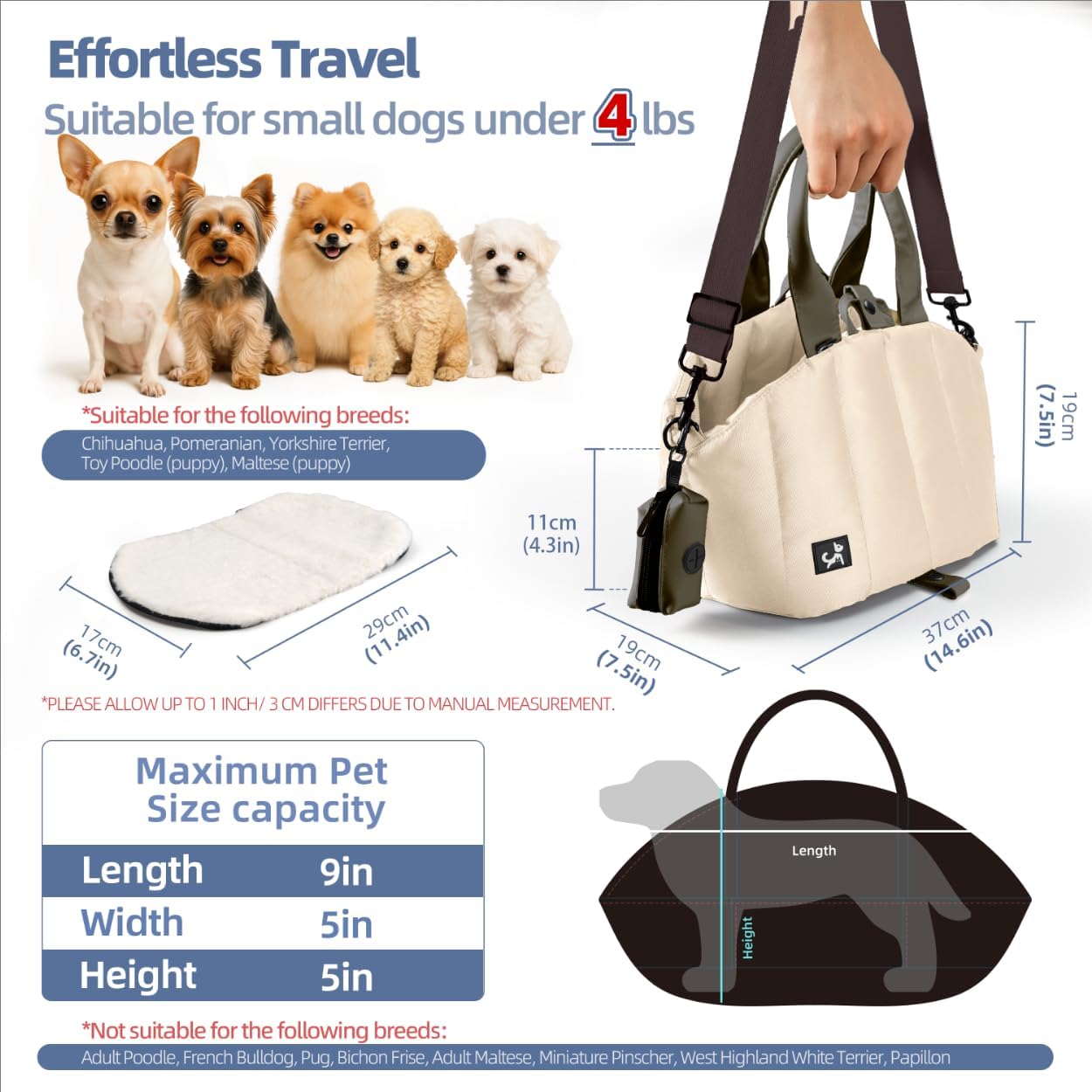 Sytopia Small Dog Carrier Purse, Portable Pet Carrier Tote Carrier with Pockets, Adjustable Safety Leash, Waterproof Dog Travel Bag, Travel Pets Purse up to 4 Lbs, Cream Beige - Image 5